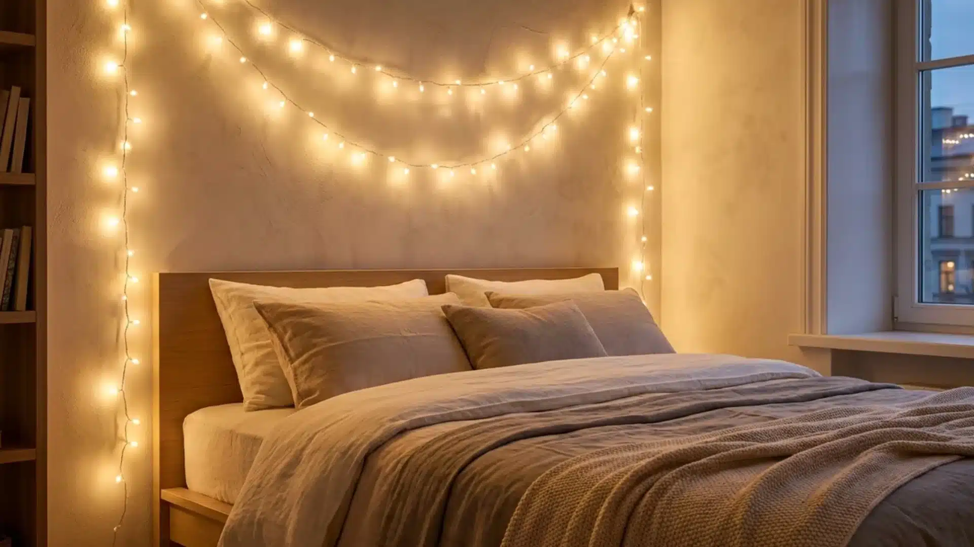 warm string lights draped in loops above a bed against a textured wall at dusk