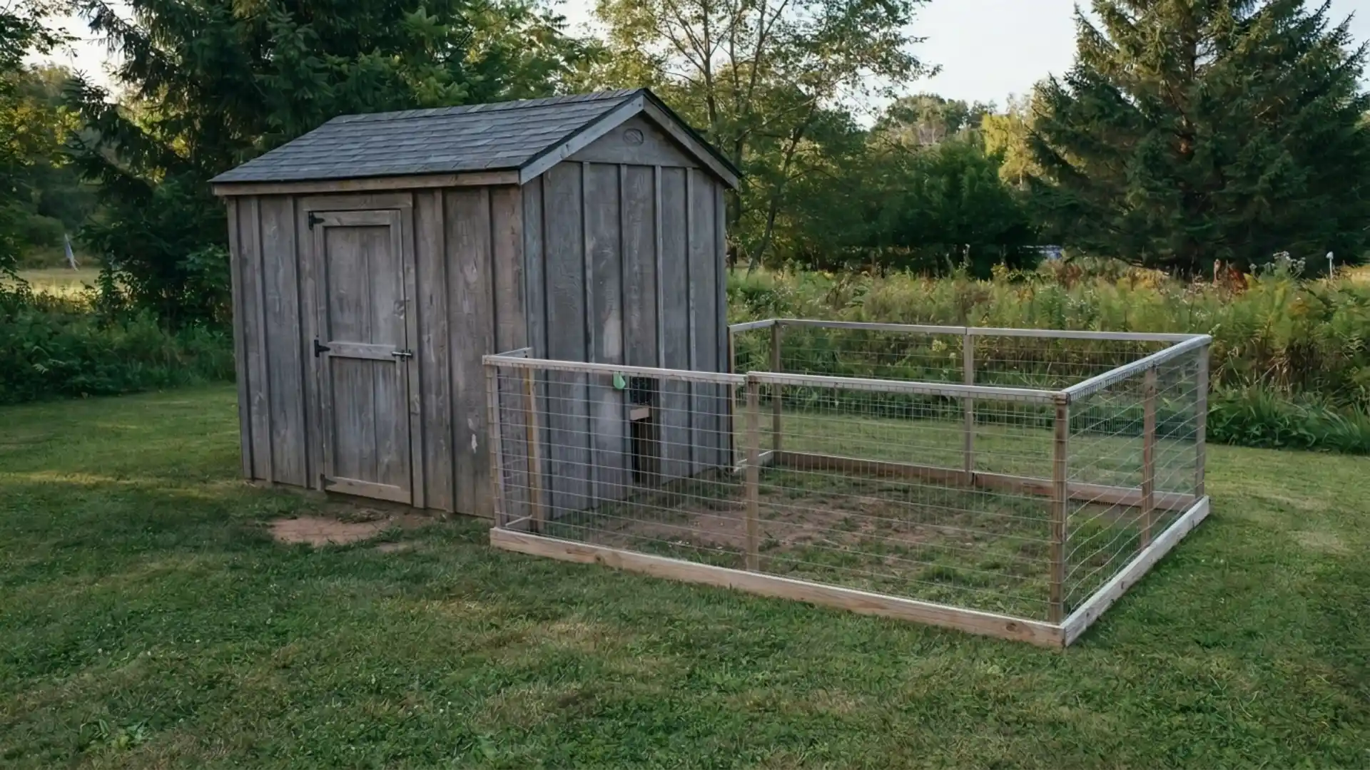 weathered gray garden shed converted into a chicken coop with an attached wire mesh run in the grass