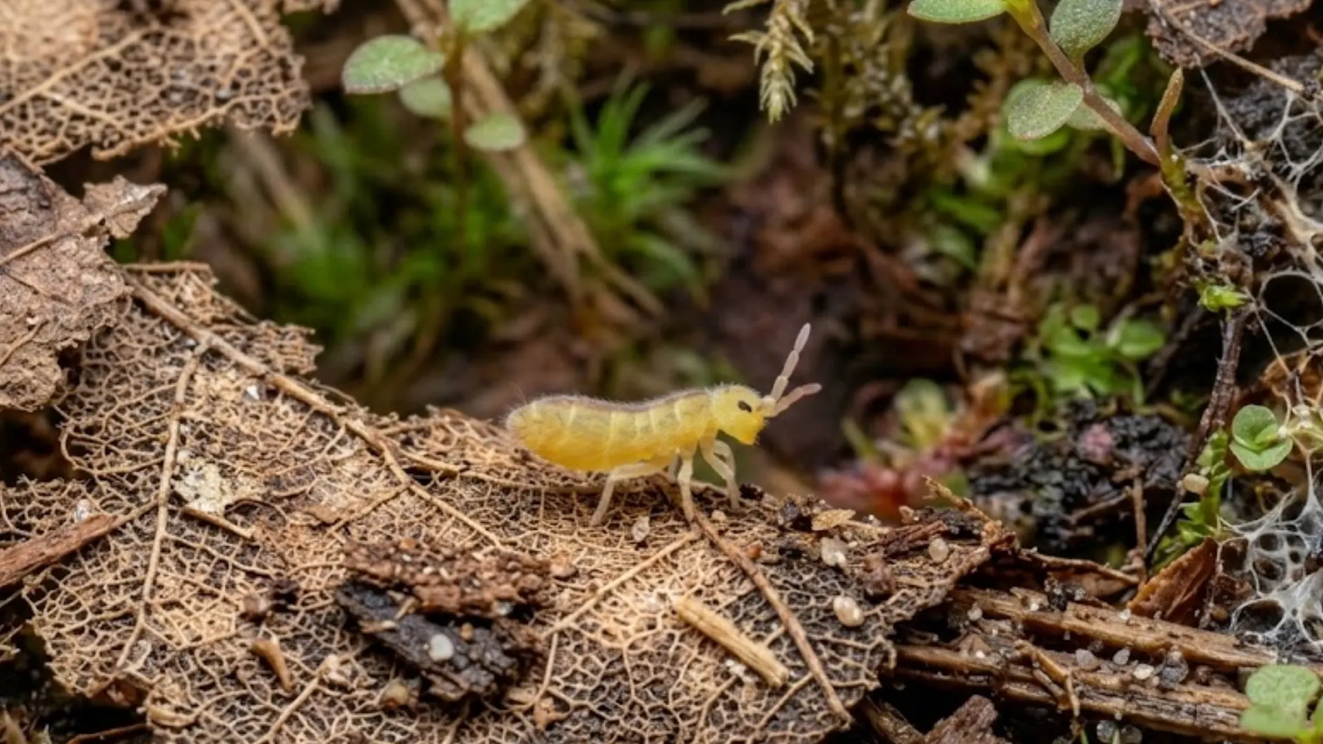 pale yellow springtail crawling across a decayed leaf in damp forest litter