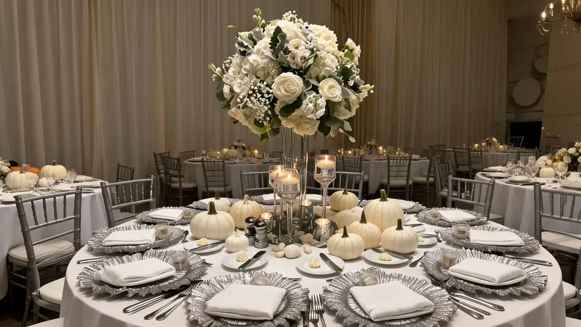 white and silver banquet table with tall floral centerpiece, white pumpkins, and floating candles