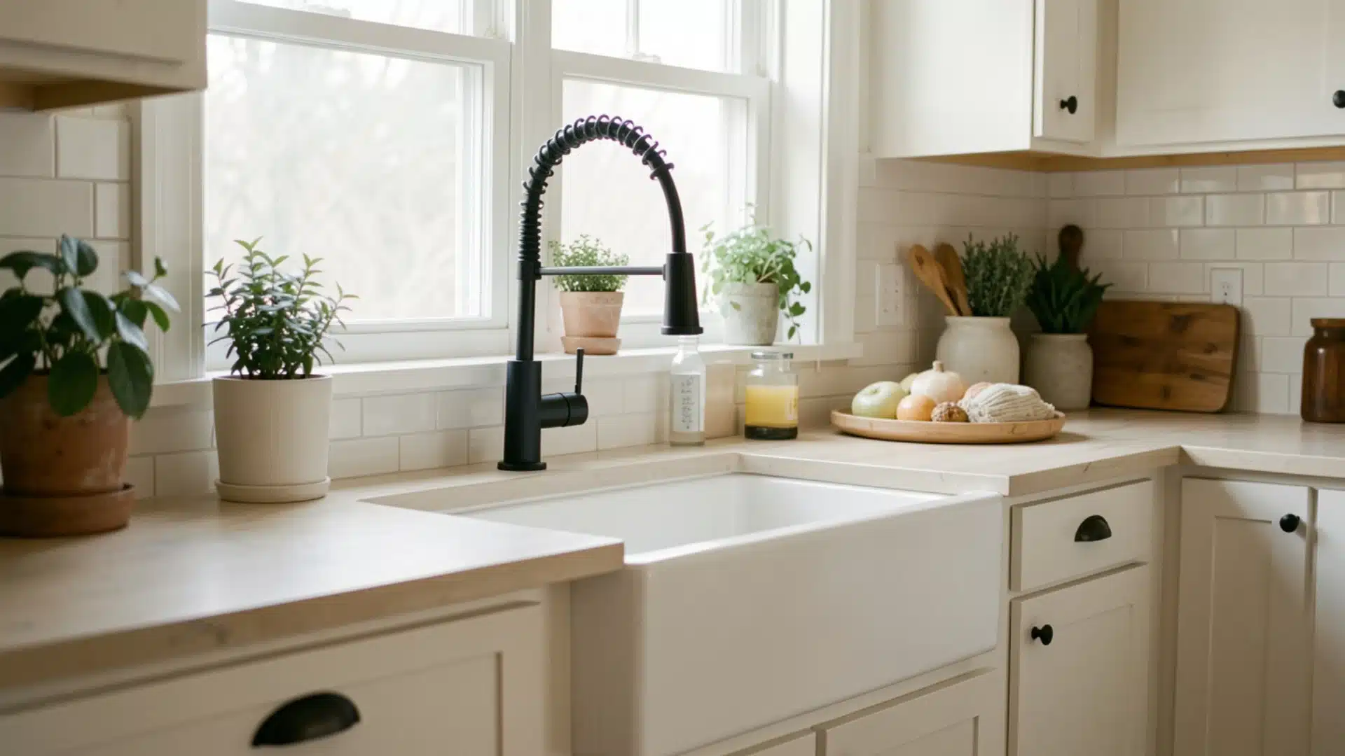 white apron front farmhouse sink with black faucet, neutral counters, and potted greenery