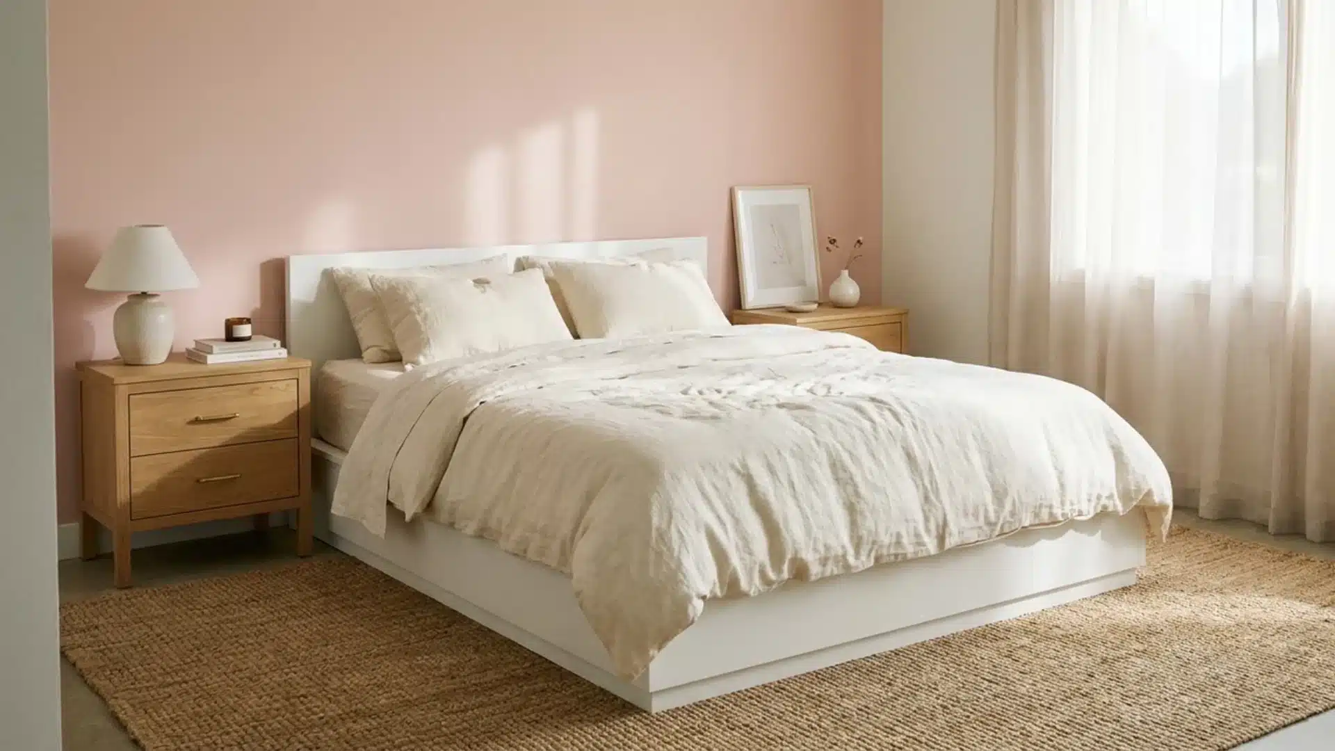 white bed with cream bedding placed against a soft blush pink accent wall in a bedroom
