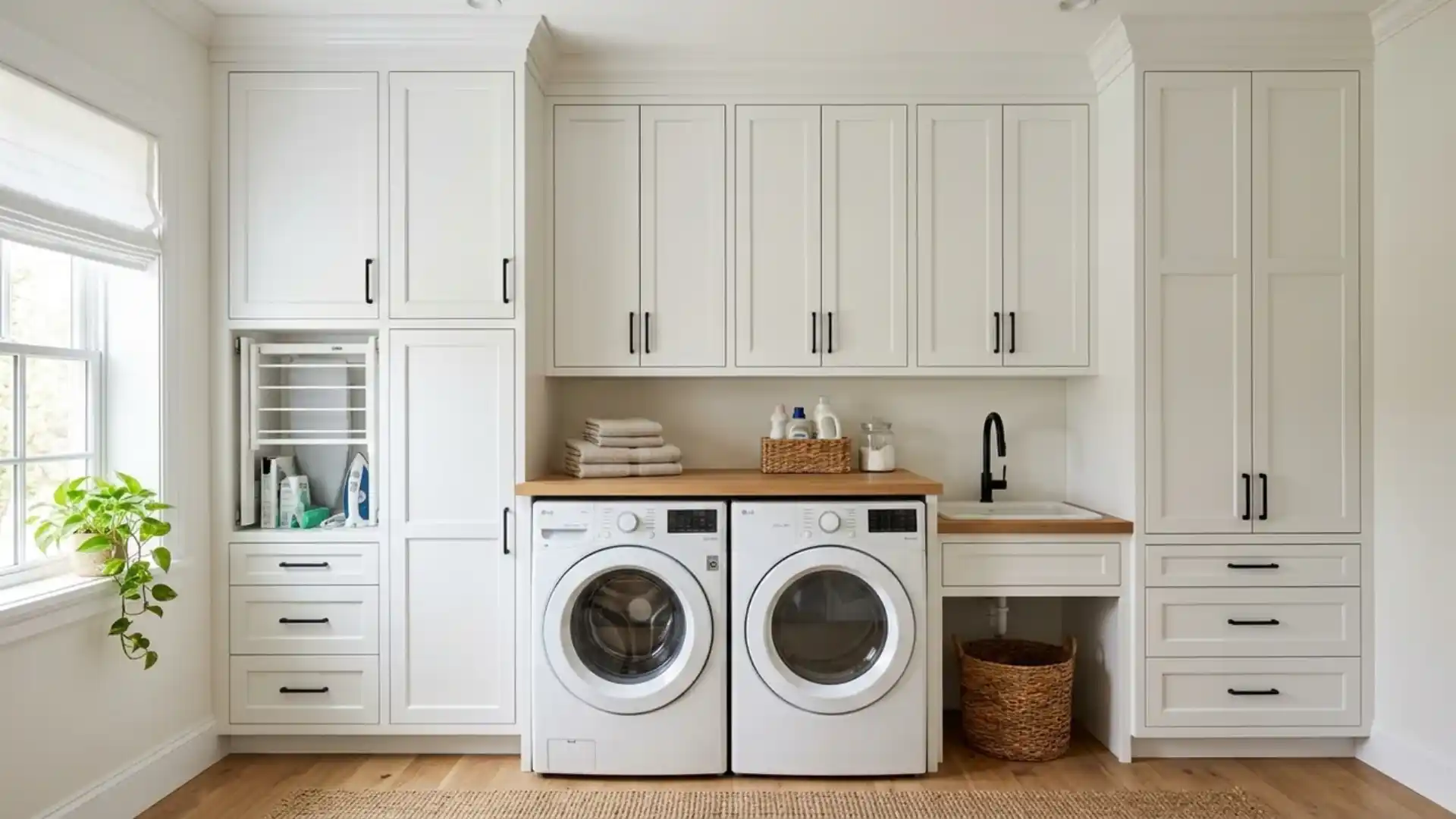 white built in cabinetry from floor to ceiling around a washer and dryer with wood counter