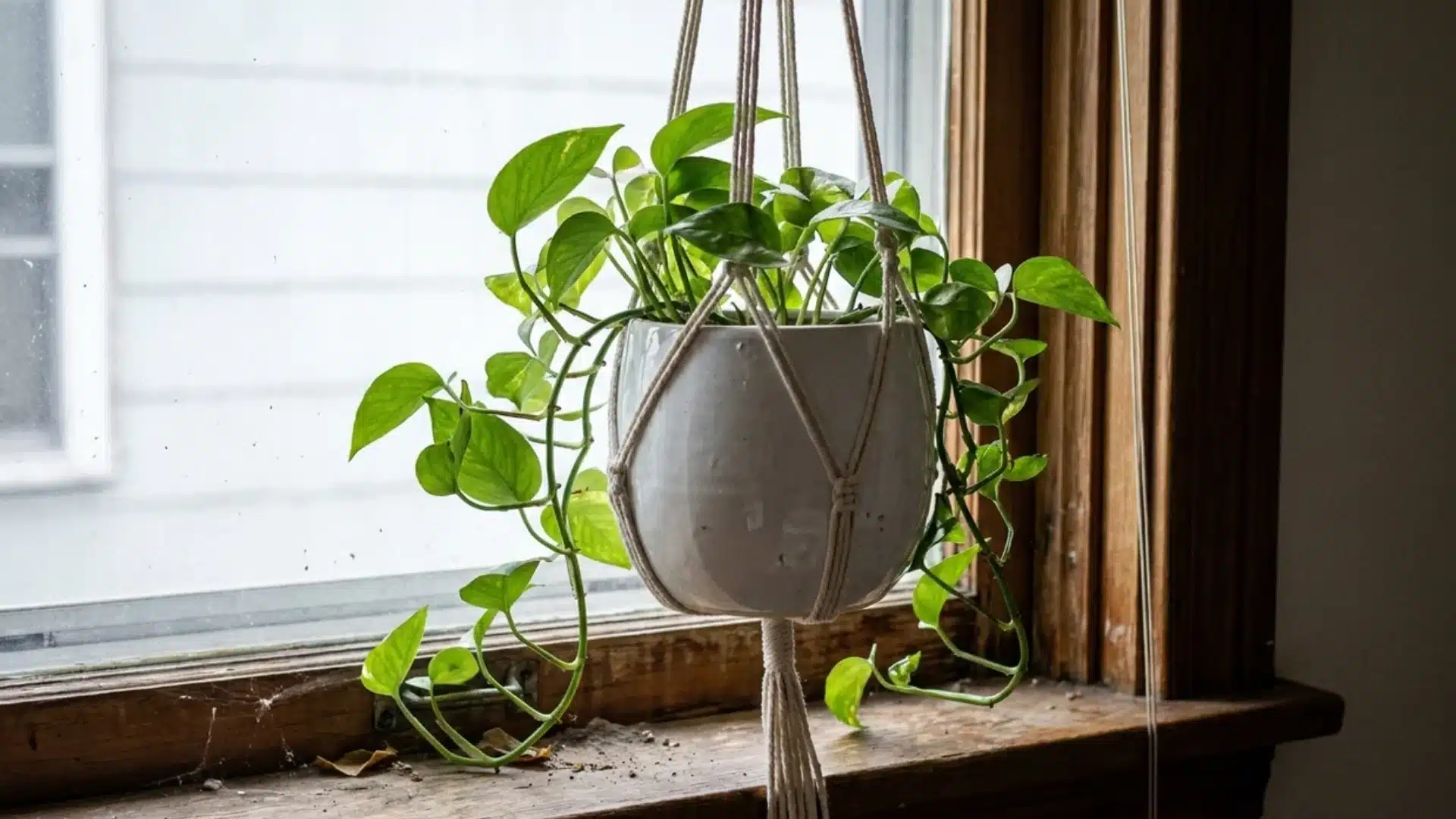 white ceramic self watering planter in macrame hanger on a wooden windowsill