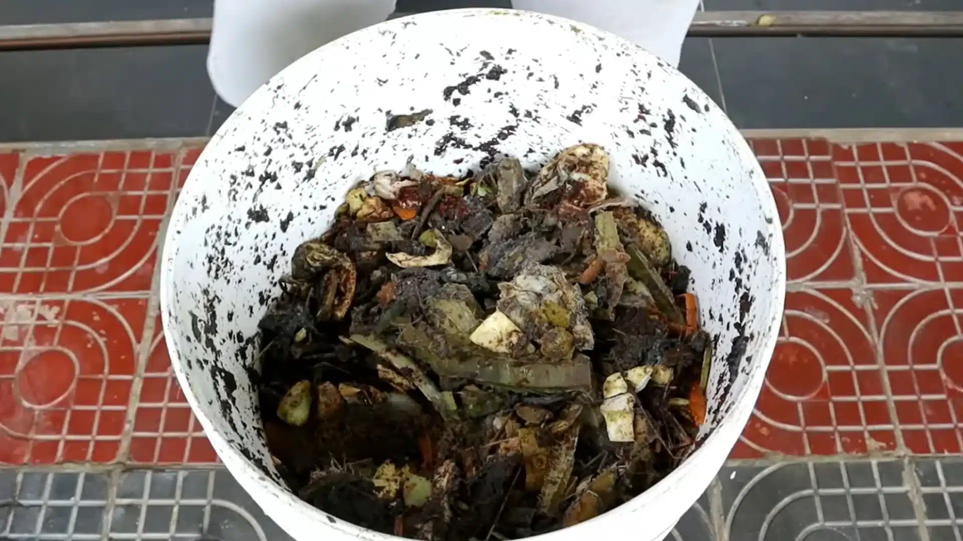white compost bucket filled with organic waste during the decomposition process
