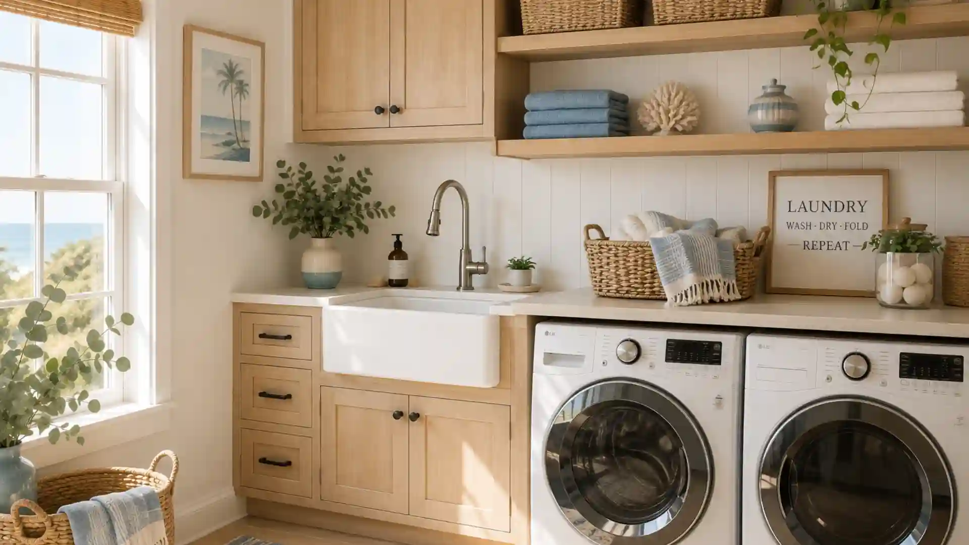 white farmhouse apron sink with butcher block countertop and brass gooseneck faucet