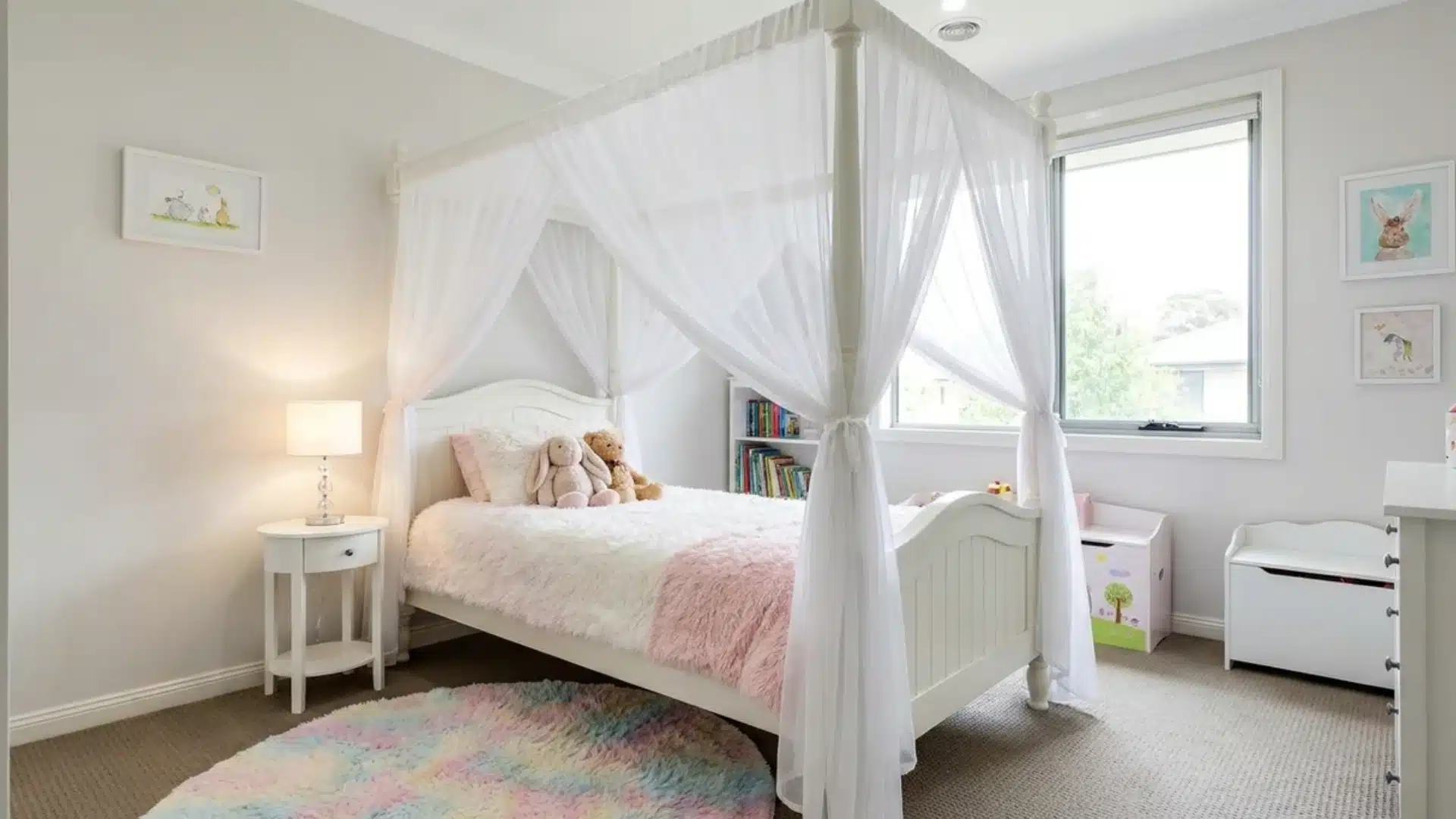 white four poster bed draped in sheer curtains with stuffed animals and a pink round rug beneath