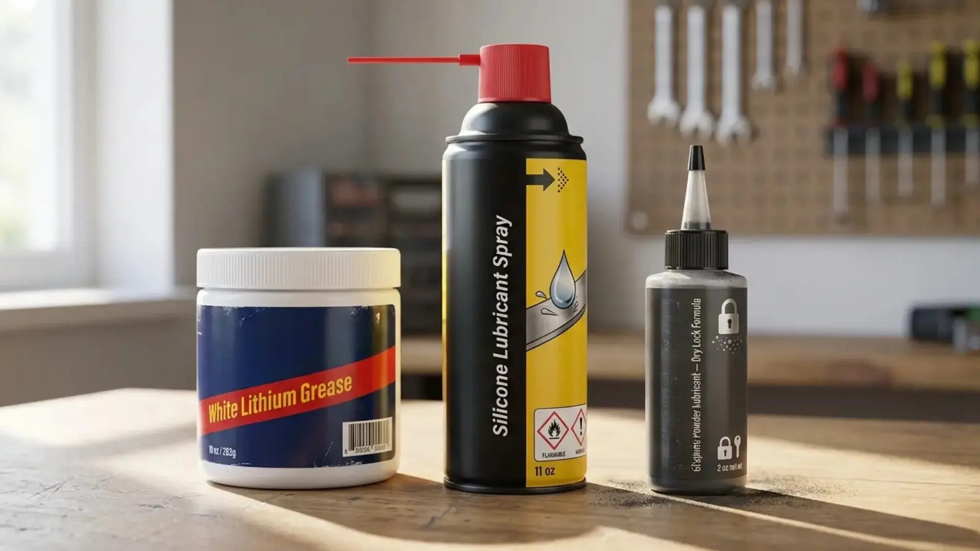 white lithium grease tub silicone spray can and graphite powder bottle on wooden workbench