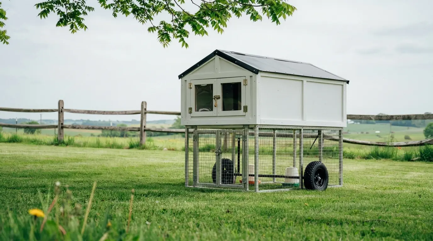 white mobile chicken tractor coop with wheels standing in a grassy pasture near a wooden rail fences