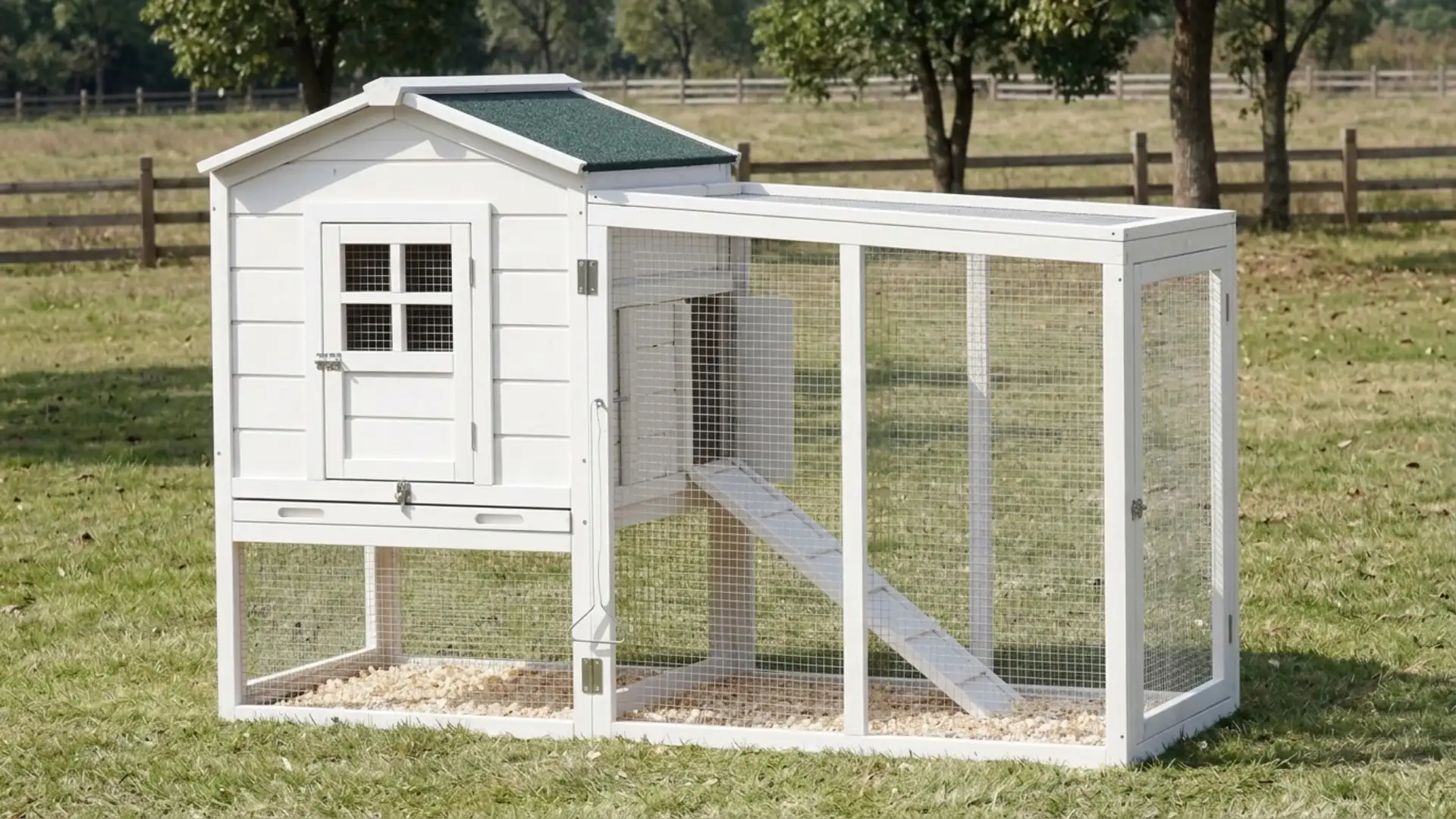 white modular chicken coop with an attached wire mesh run standing in an open grassy pasture setting