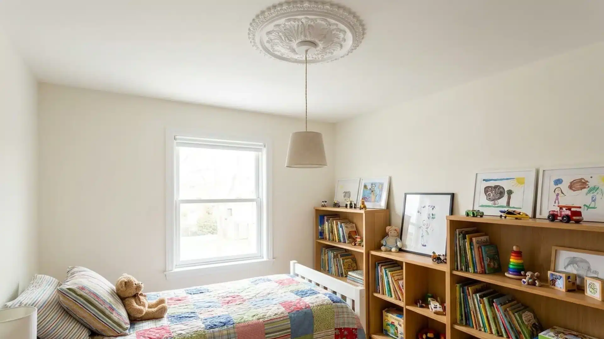 white ornate ceiling medallion with a pendant lamp hanging above a patchwork quilt bed