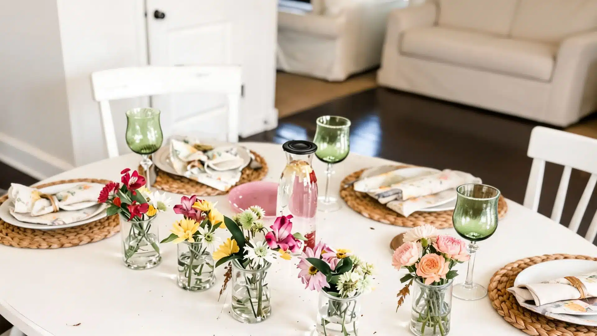 white round table with small bud vases of mixed flowers, green glassware, and woven placemats
