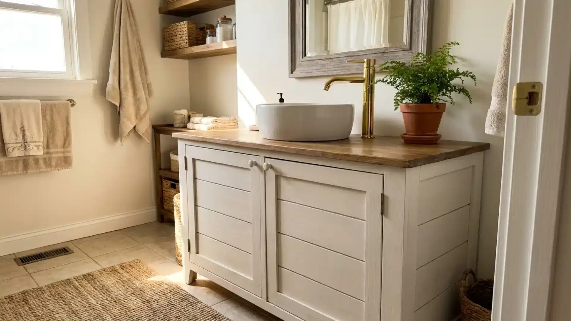 white shiplap front vanity cabinet with wood countertop round sink gold faucet and potted fern