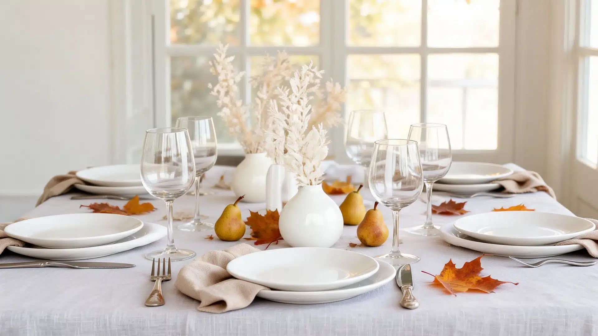 white thanksgiving table setting with wine glasses, dried pampas grass, pears, and scattered autumn leaves
