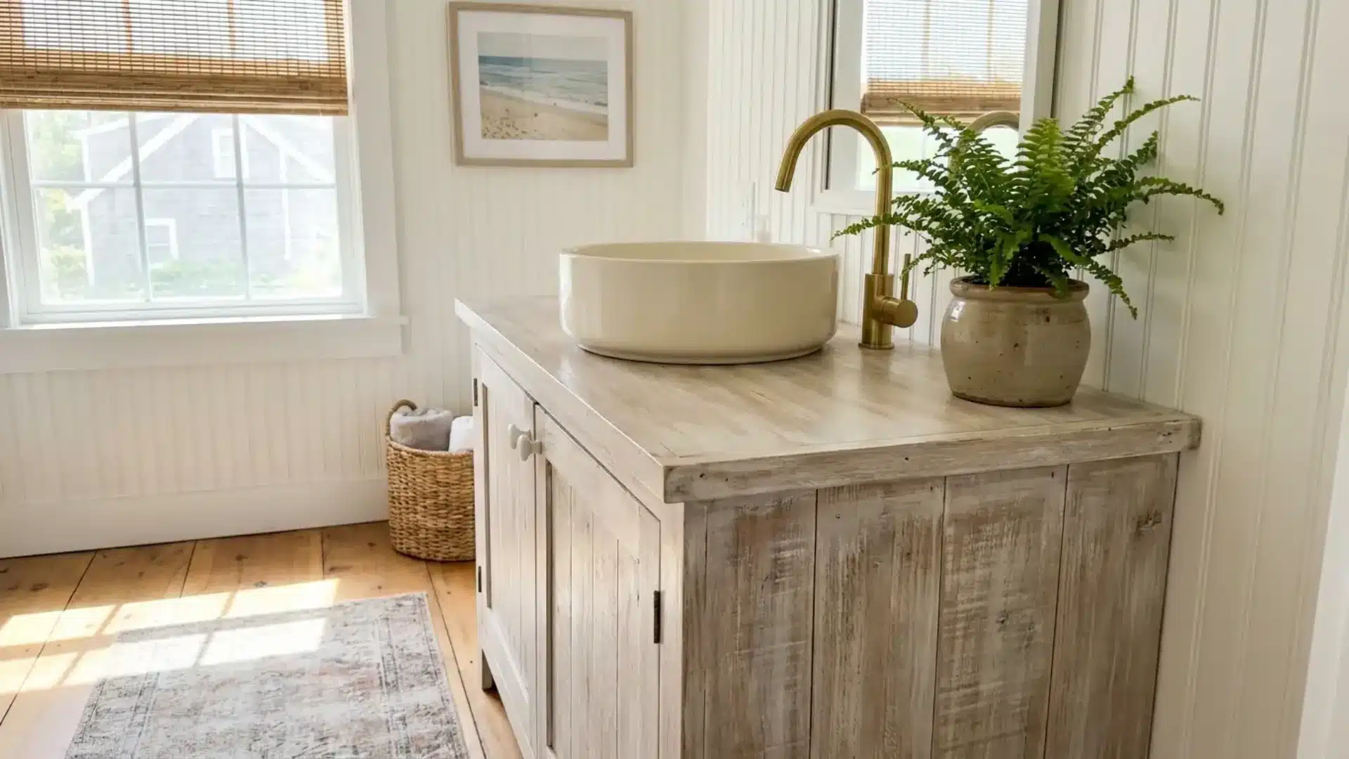 whitewashed wood cabinet vanity with round sink gold faucet and woven basket of towels