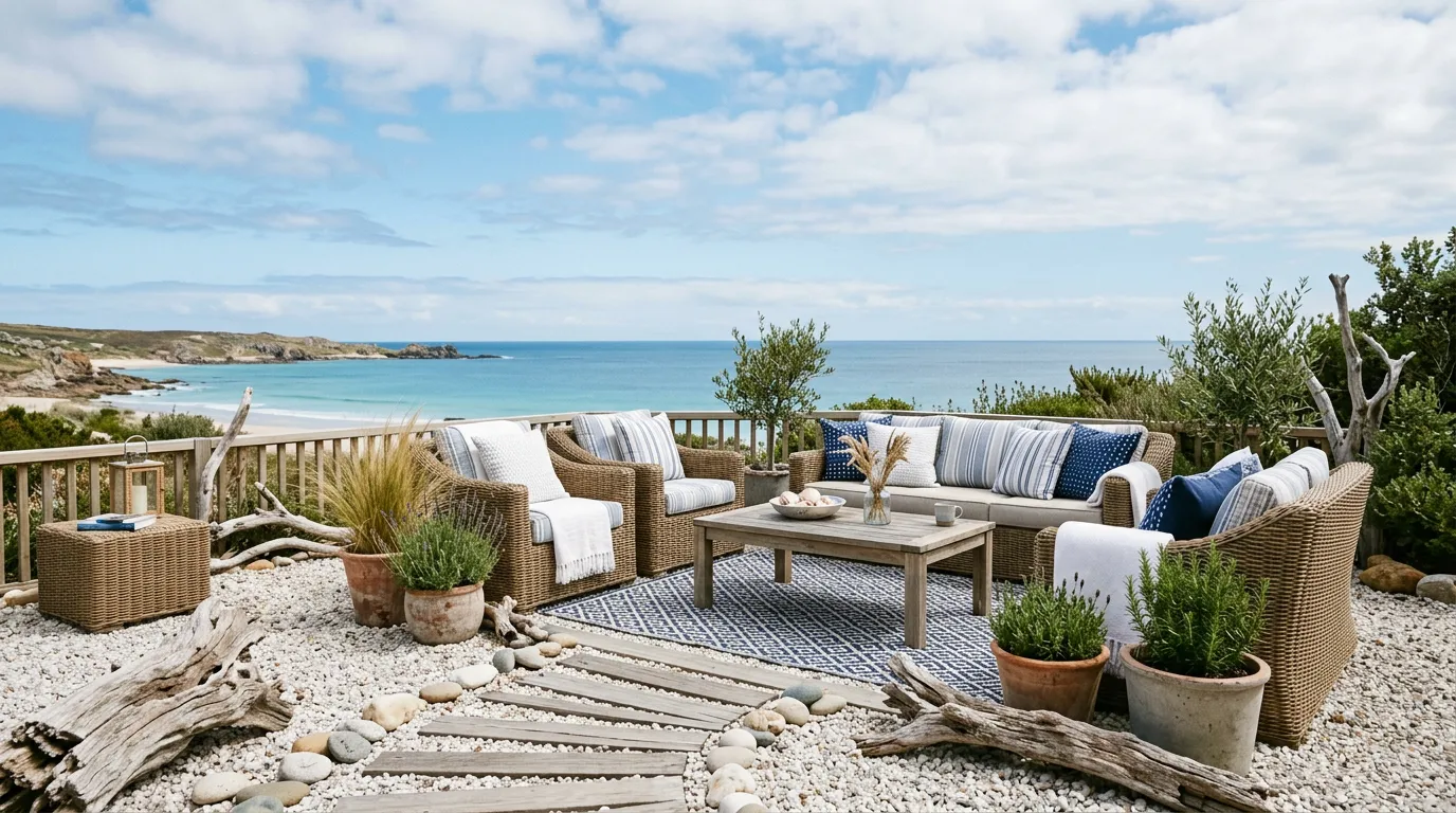 wicker seating with blue-and-white cushions surrounds a coffee table on a gravel overlooking a beach and ocean