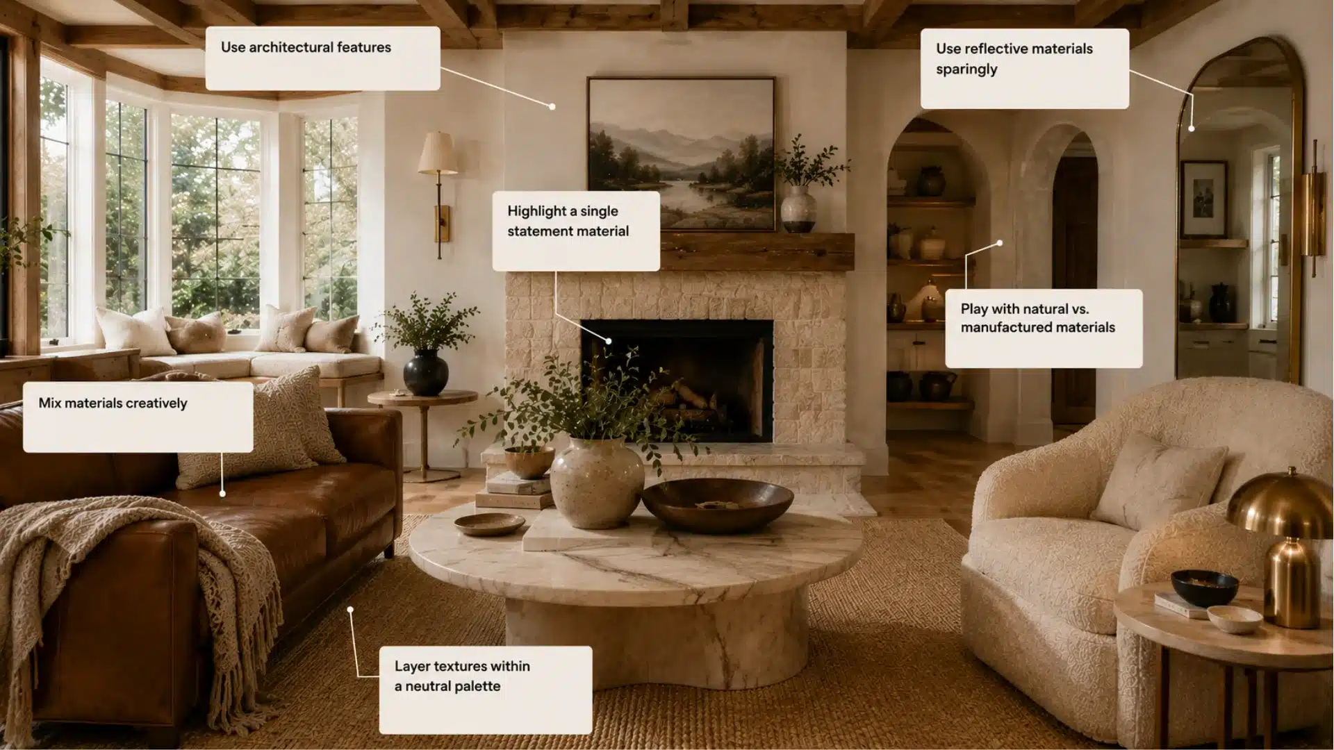 wide cozy living room with layered textures, natural materials, and architectural focal points