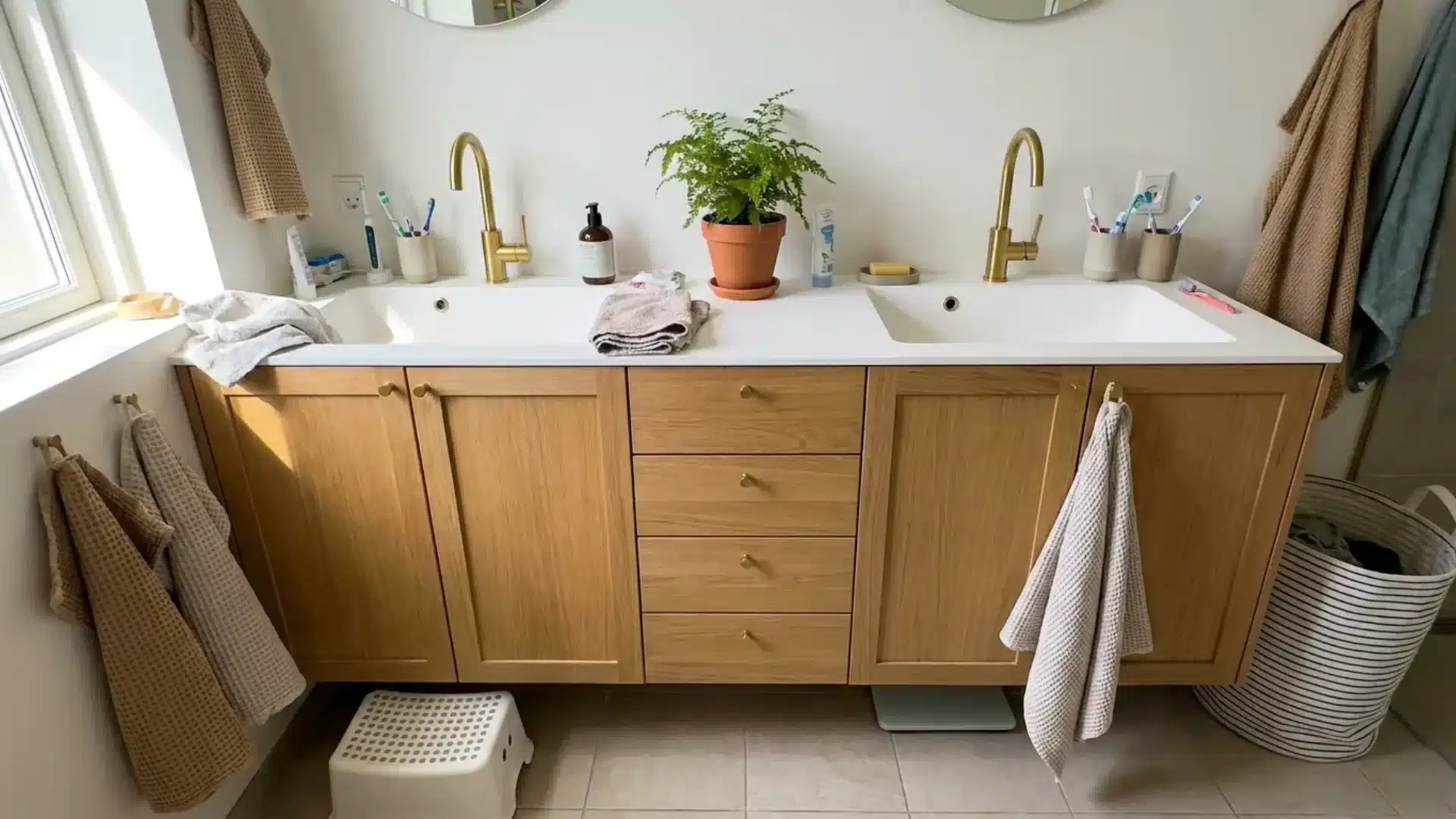wide wood double sink vanity with center drawers gold faucets and hanging towels