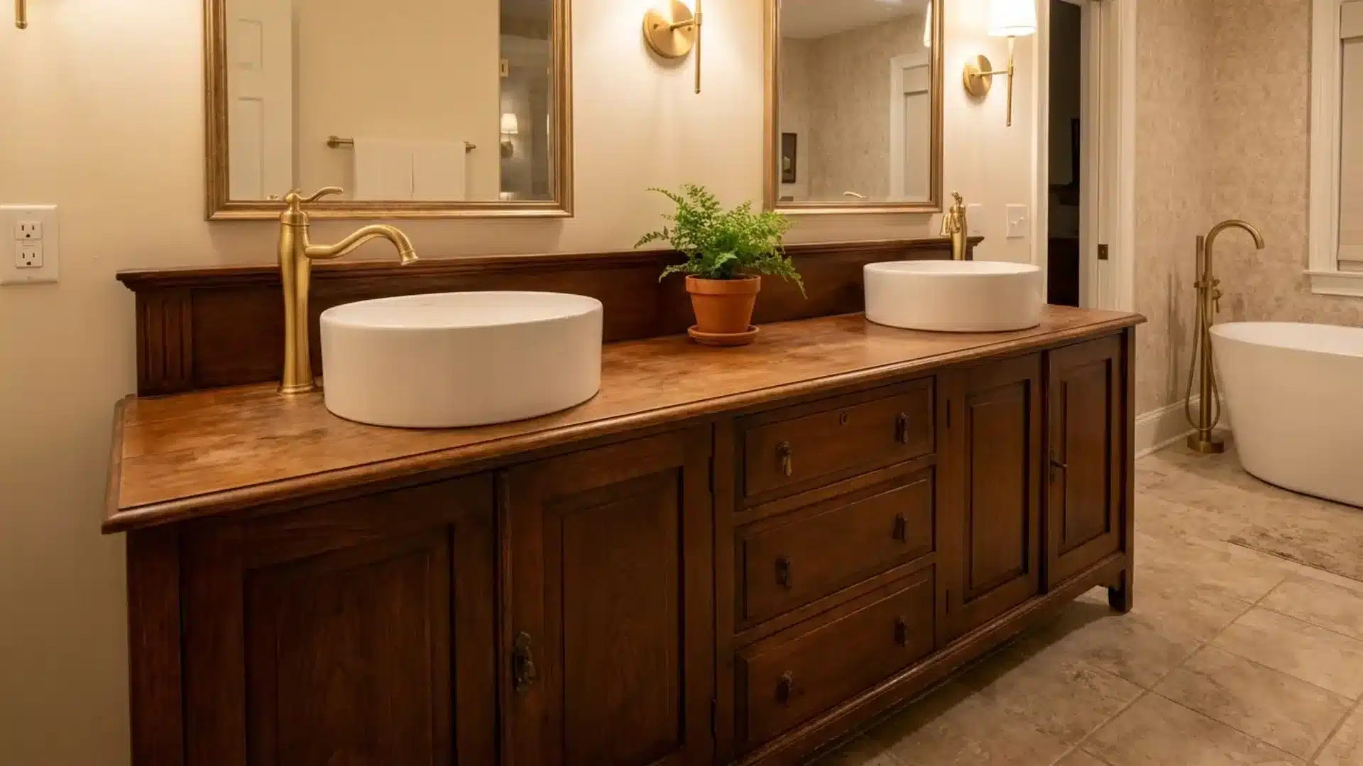 wide wood sideboard converted into double sink vanity with brass faucets and potted fern
