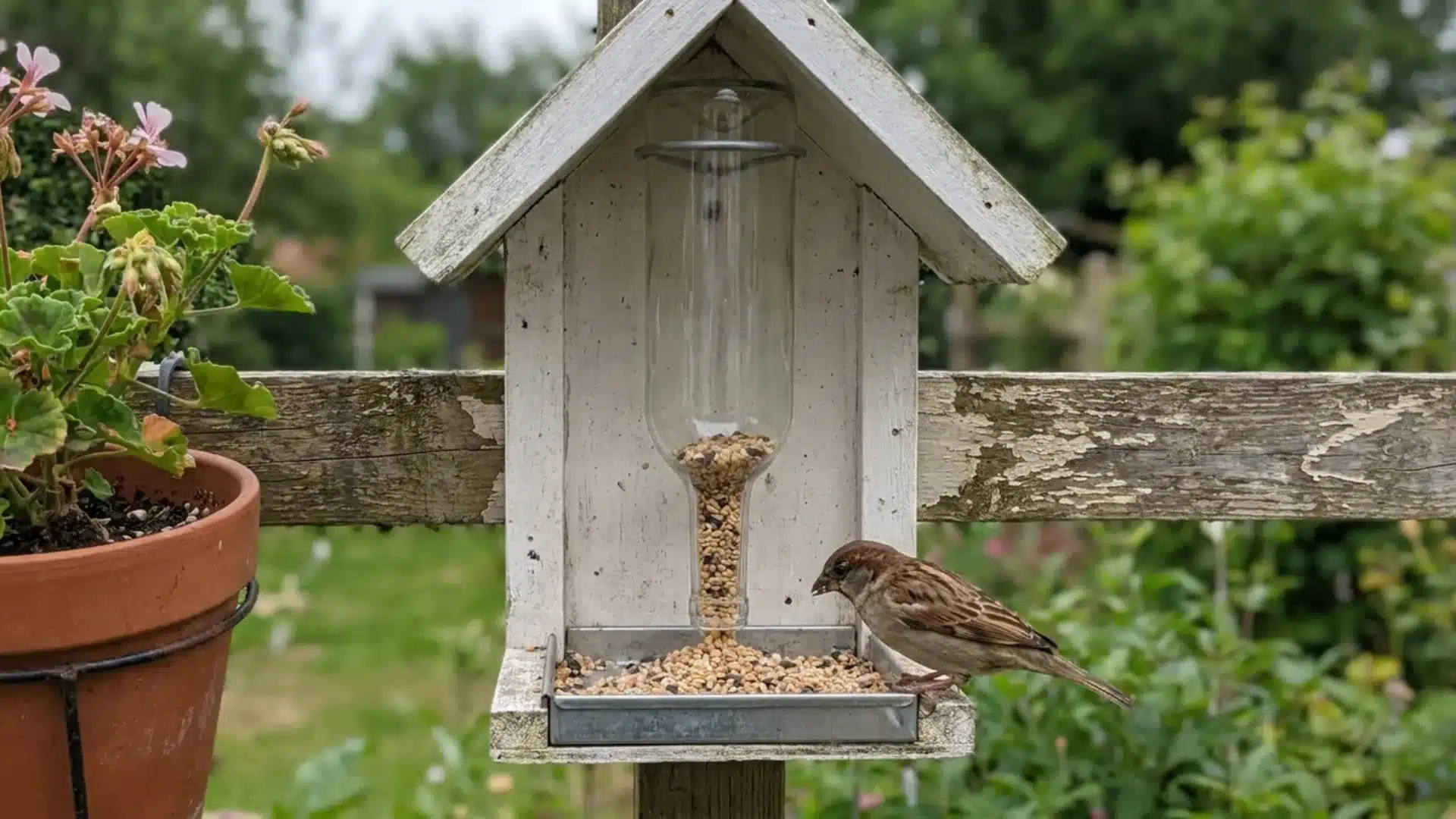 wine bottle bird feeder mounted in a white birdhouse frame with sparrow feeding