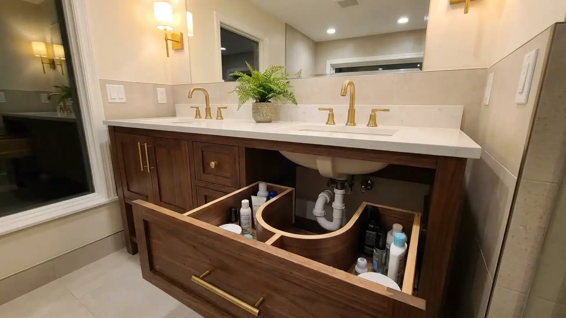 wood double sink vanity with pull out drawer shaped around plumbing pipes and gold hardware