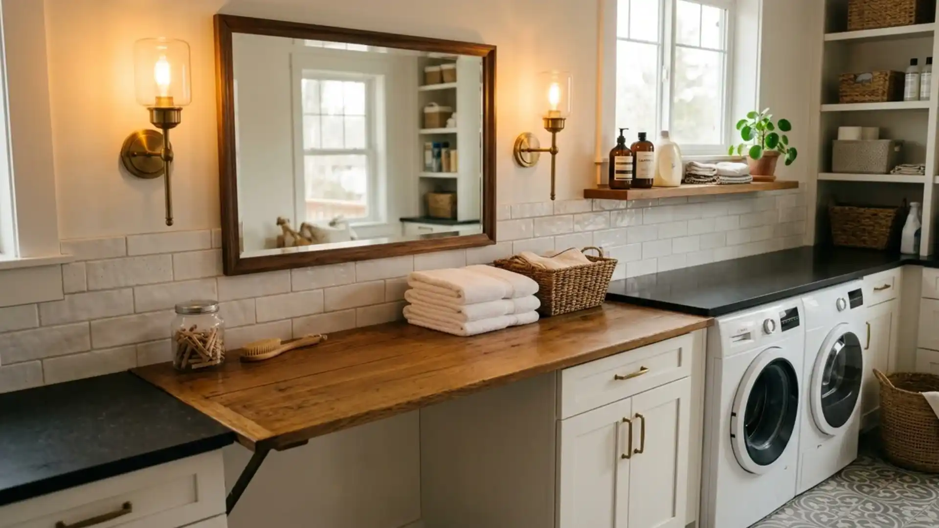 wood framed mirror above a fold out wood counter beside a washer and dryer with sconce lighting