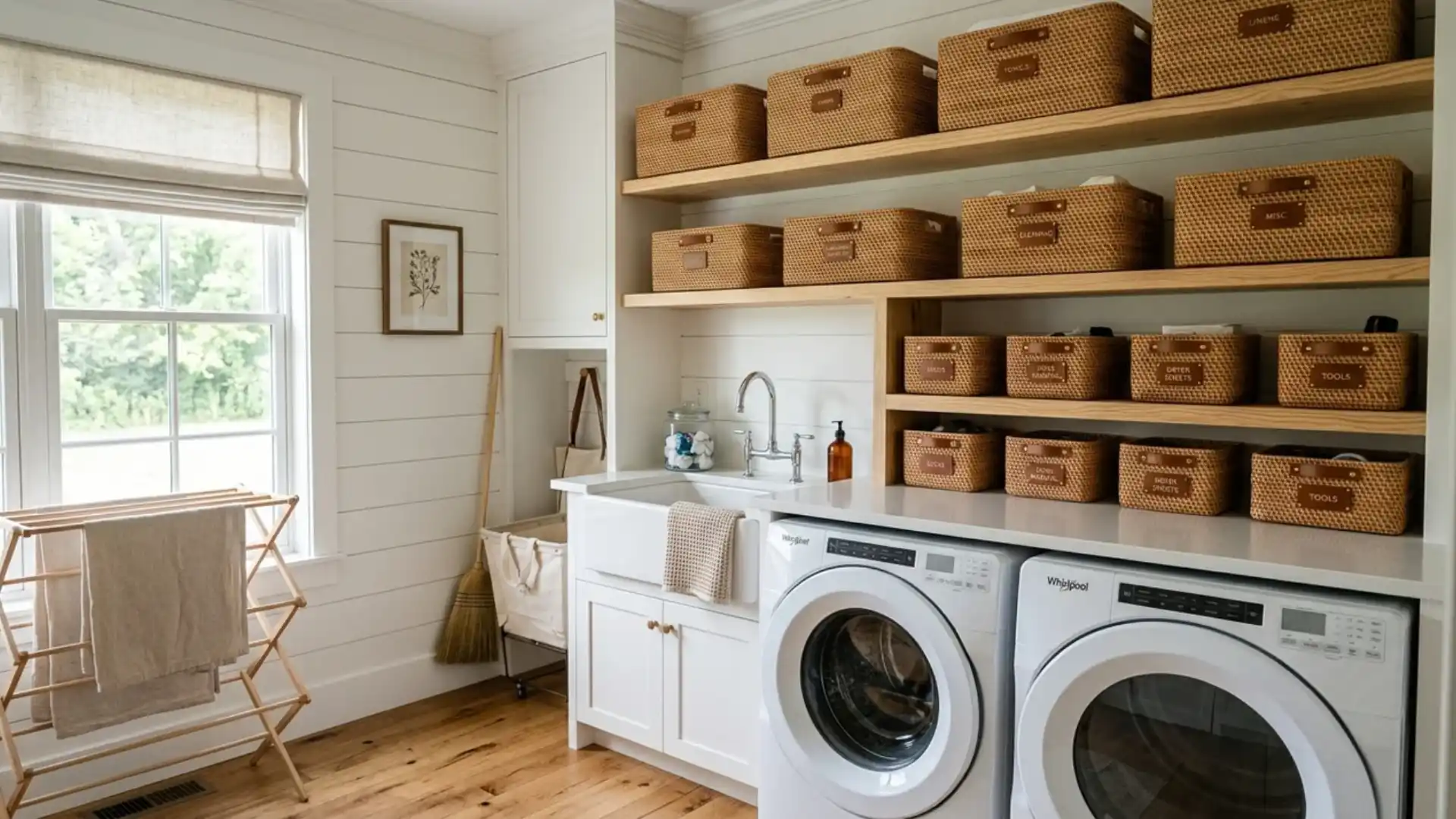 wood shelves lined with labeled woven baskets above a farmhouse sink and stacked washer dryer