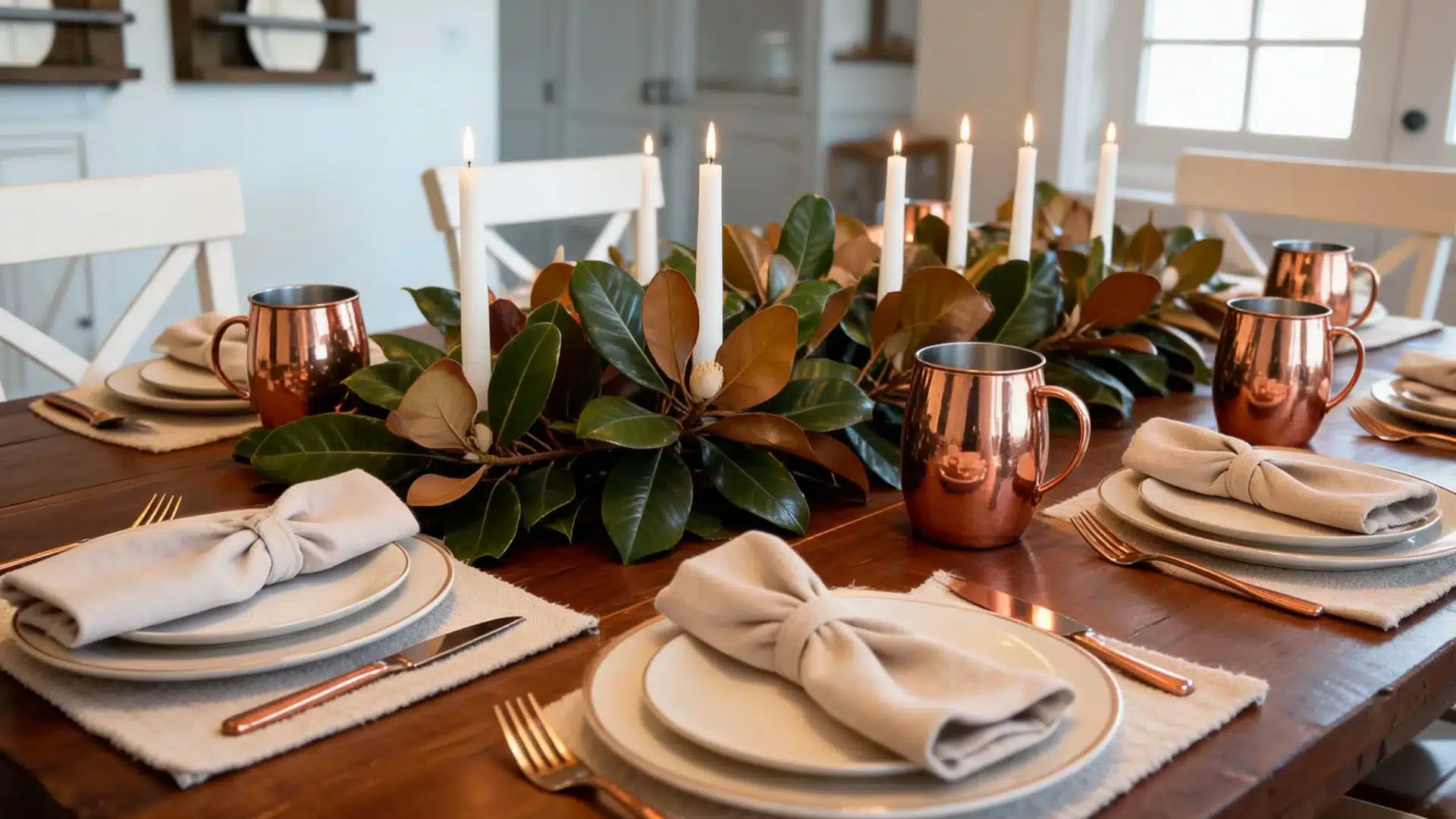 wood table with copper mugs, magnolia leaf garland, taper candles, and knotted linen napkins
