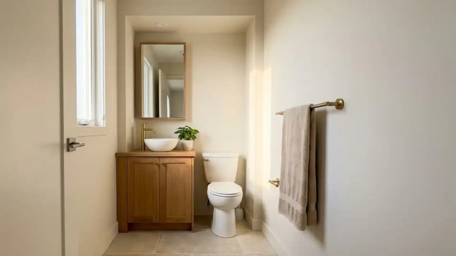 wood vanity built into wall niche beside toilet with round sink gold faucet and potted plant