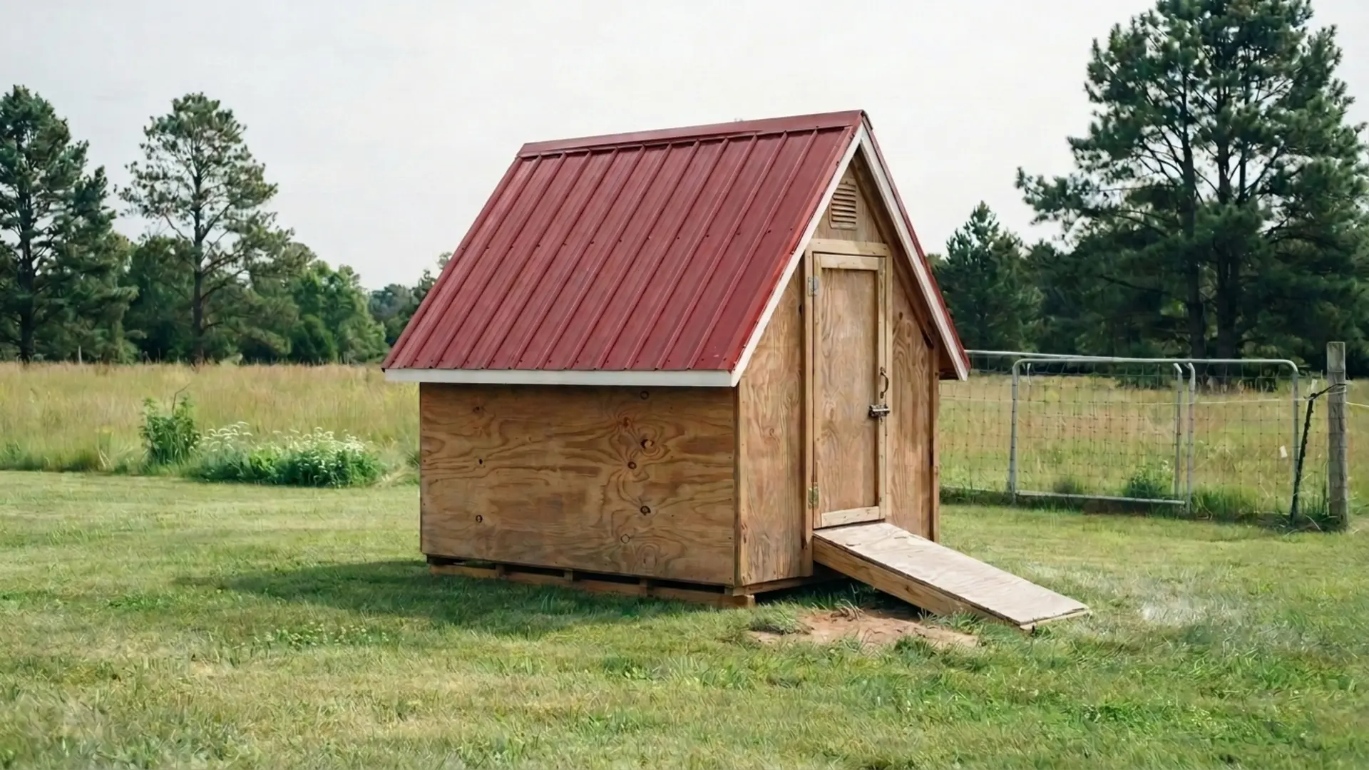 wooden a frame chicken coop with red metal roof standing in an open grassy field