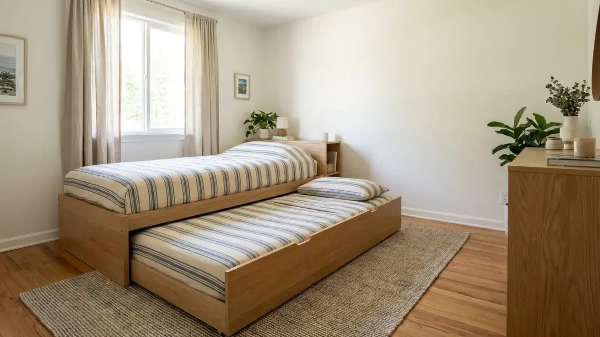 wooden bed frame with a striped mattress and a matching trundle bed pulled out below