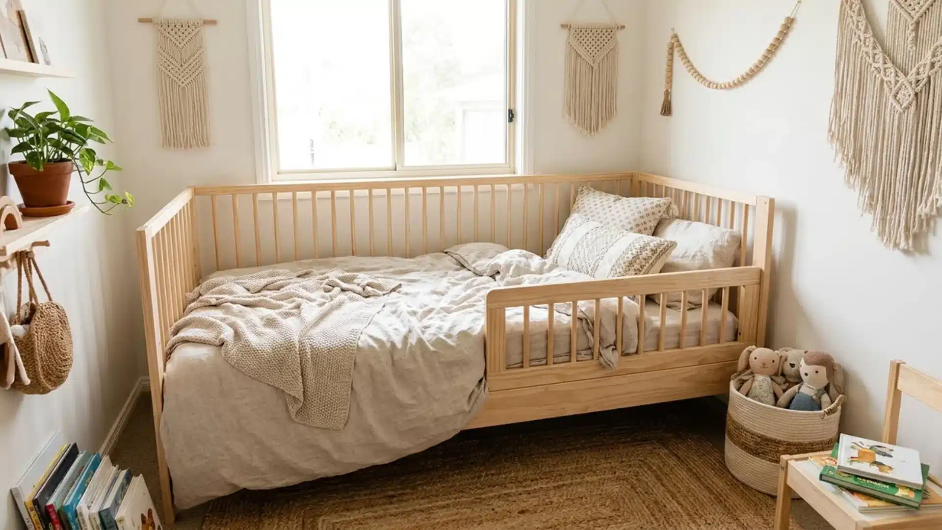 wooden corner crib converted into a toddler bed with safety rail and neutral striped bedding