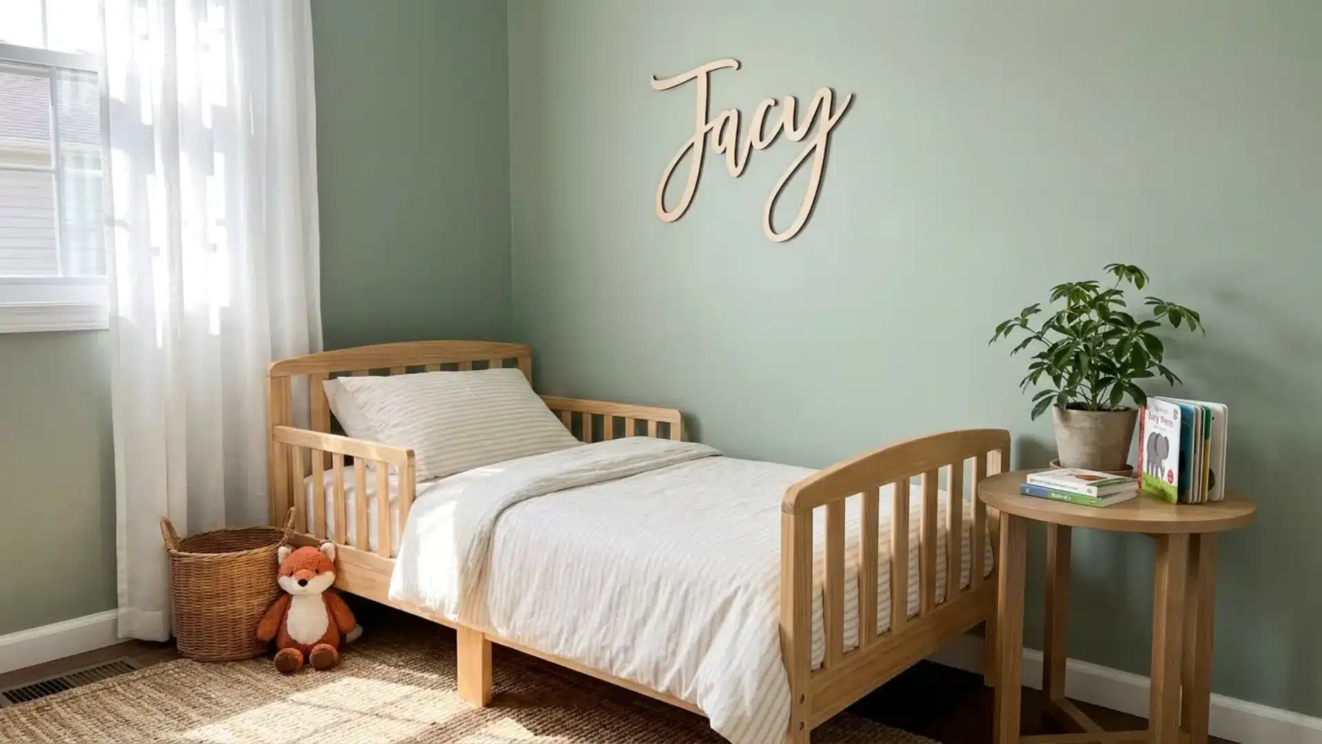wooden cursive name sign reading jacy above a toddler bed on a sage green wall