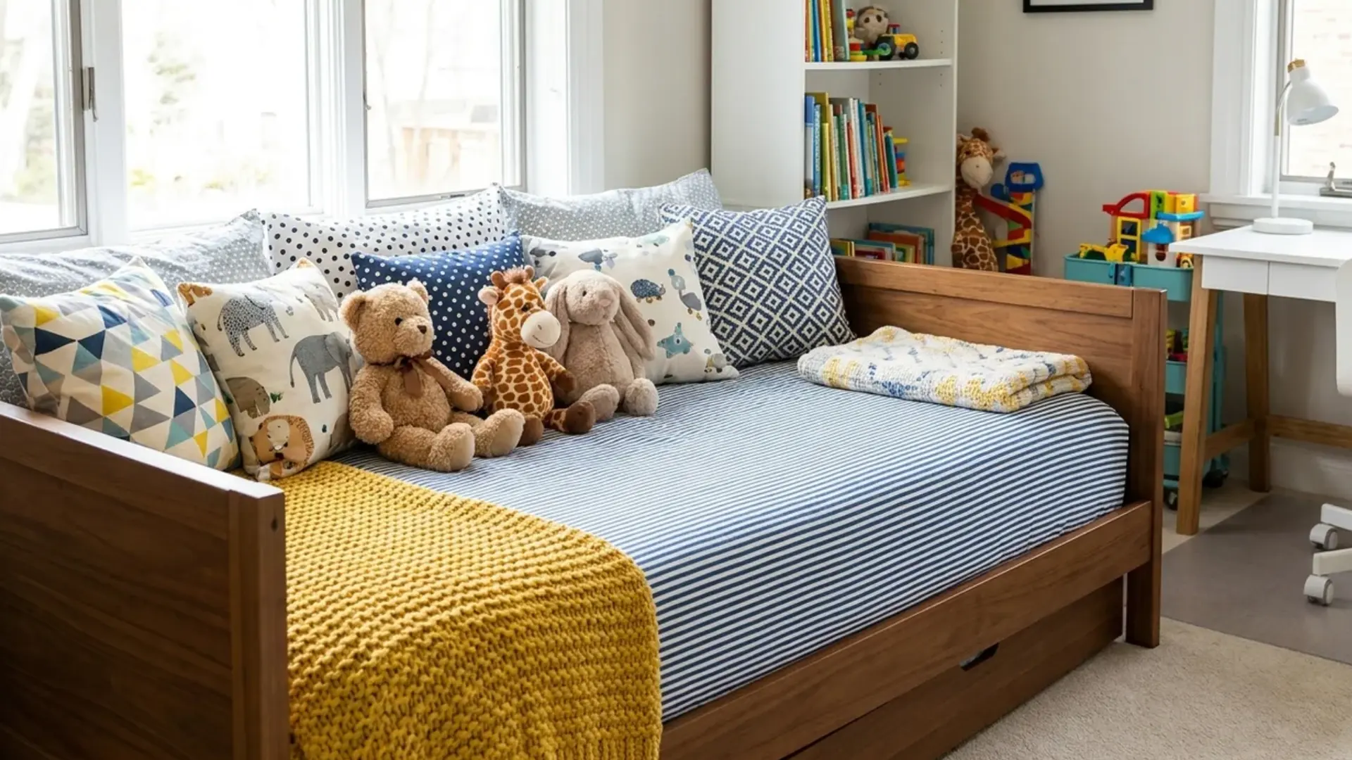 wooden daybed piled with striped and patterned pillows plus a teddy bear giraffe and bunny