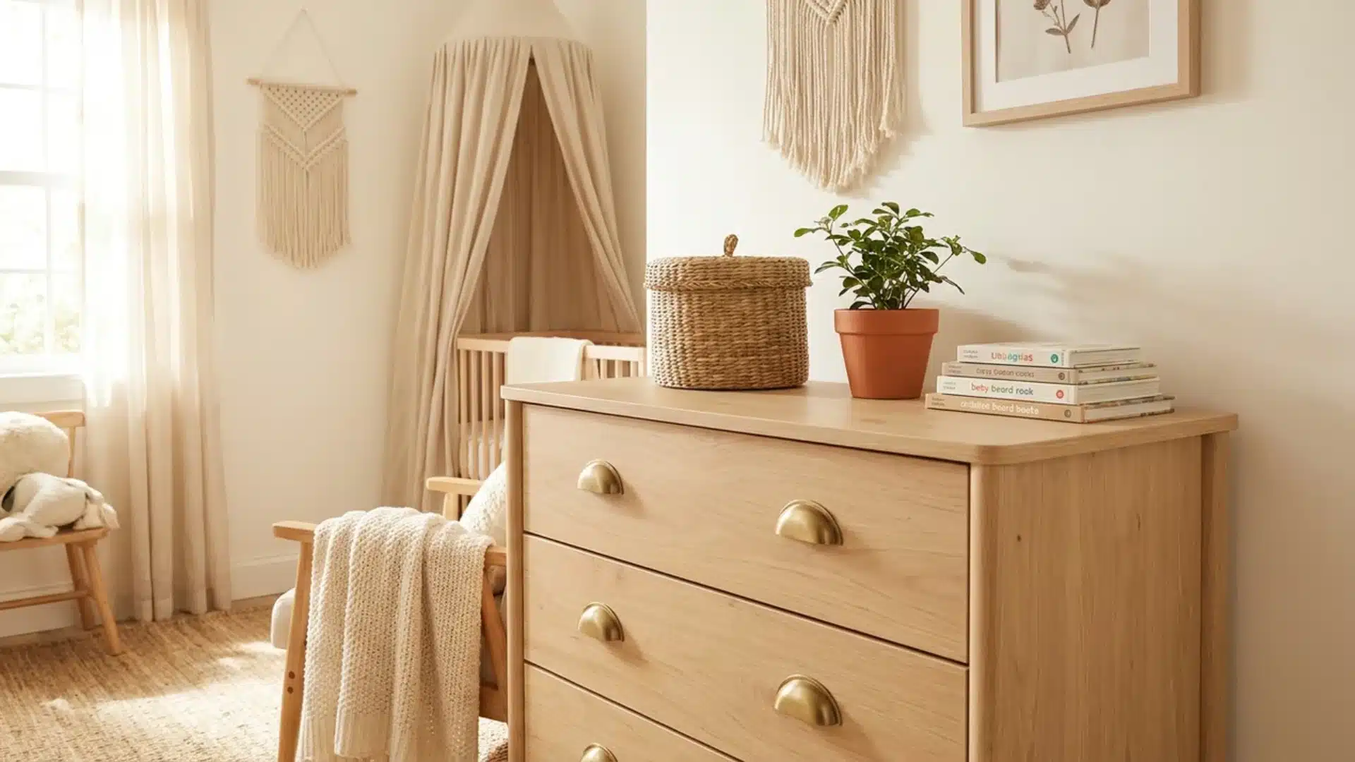 wooden dresser with brass handles replacing a changing table in a toddler bedroom corner