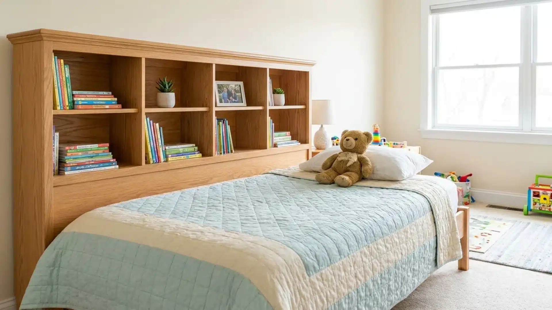 wooden headboard with open cubbies holding books plants and a framed photo beside a teddy bear