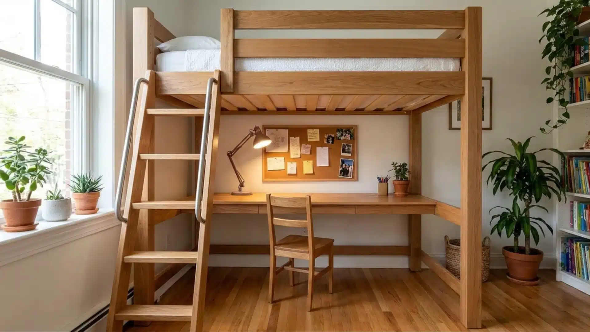 wooden loft bed with a ladder and a study desk lamp and cork board set up underneath