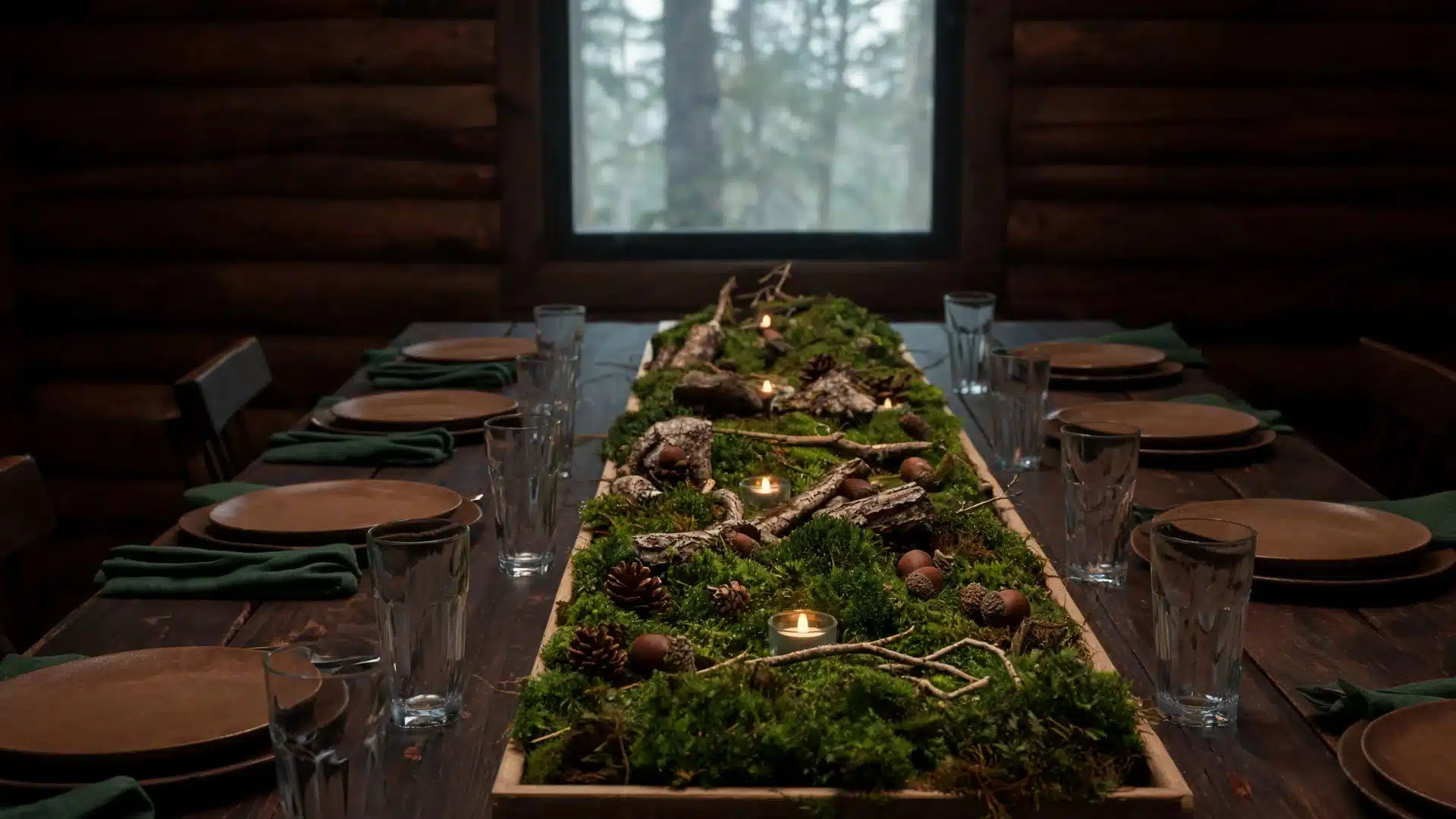 woodland table runner with moss, bark, acorns, pinecones, and votive candles in a wood cabin