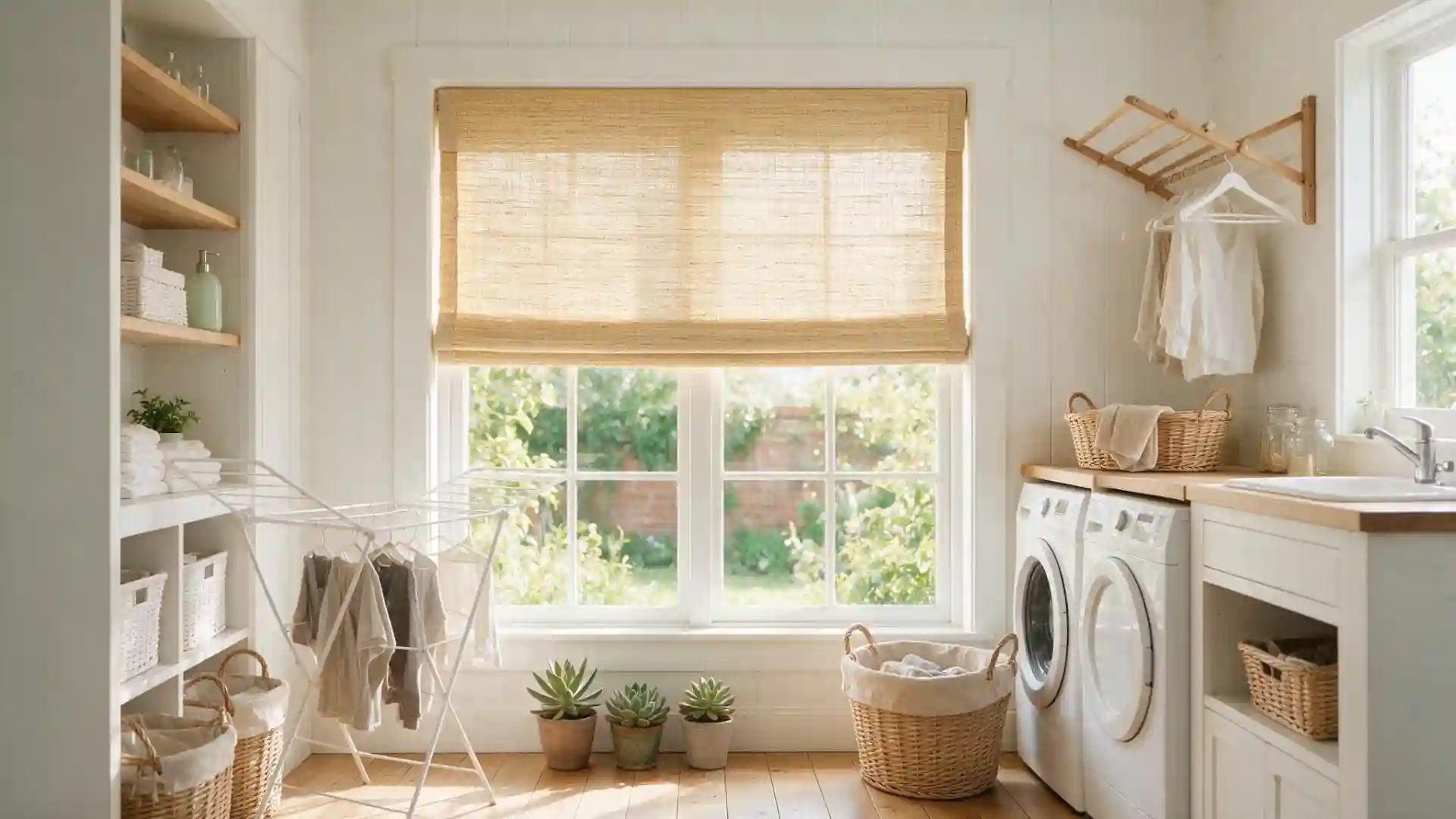 woven bamboo roman shade covering a laundry room window above a wooden drying rack