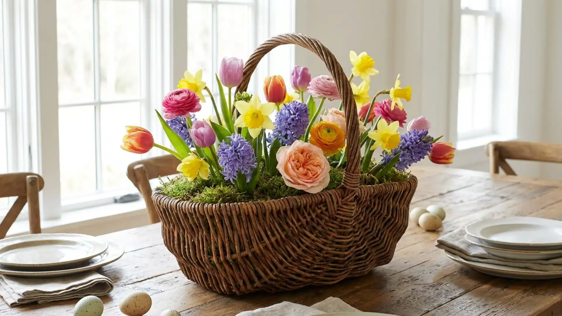 woven basket lined with moss and filled with fresh spring flowers