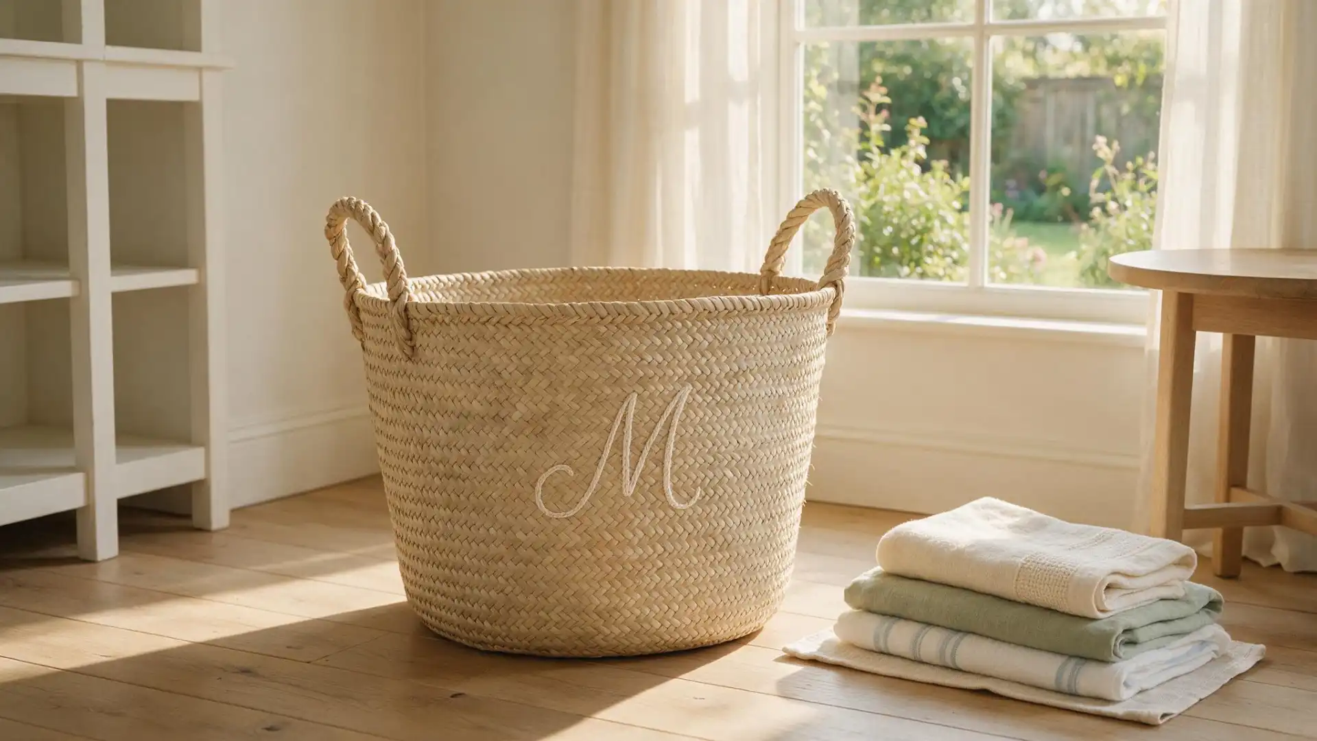 woven basket with monogram letter m beside a stack of folded linen towels on a wood floor