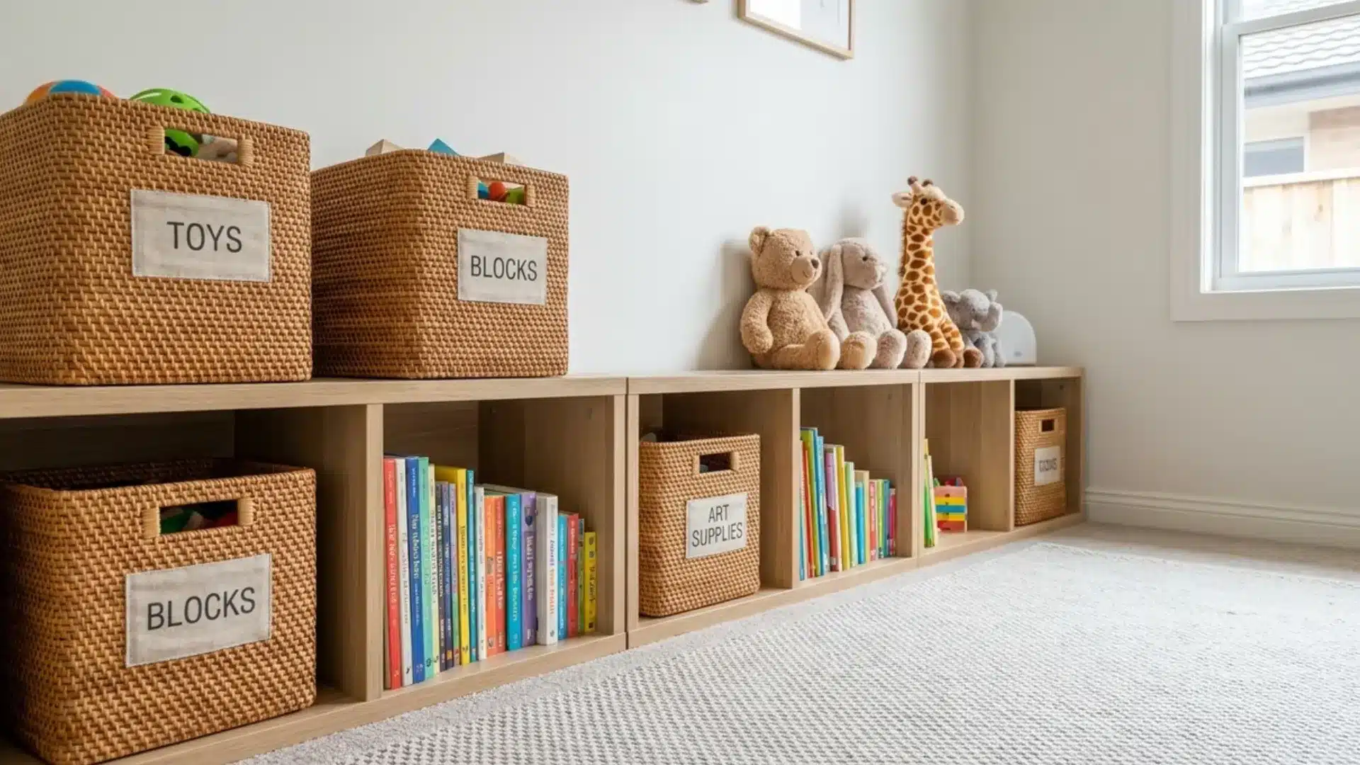 woven baskets labeled toys blocks and art supplies organized on open shelving with stuffed animals