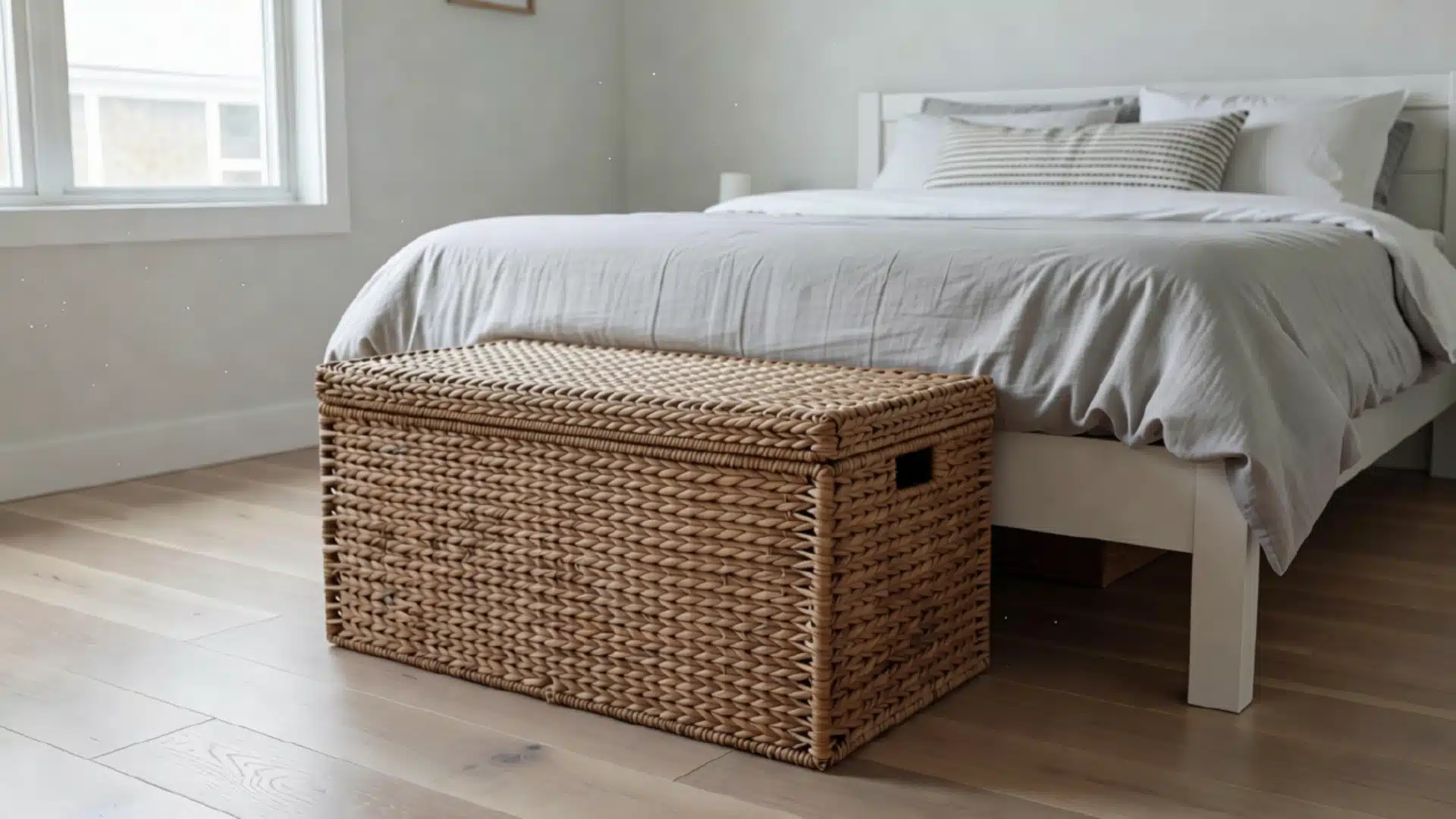 woven storage bench at the foot of a white bed in a bright modern farmhouse bedroom