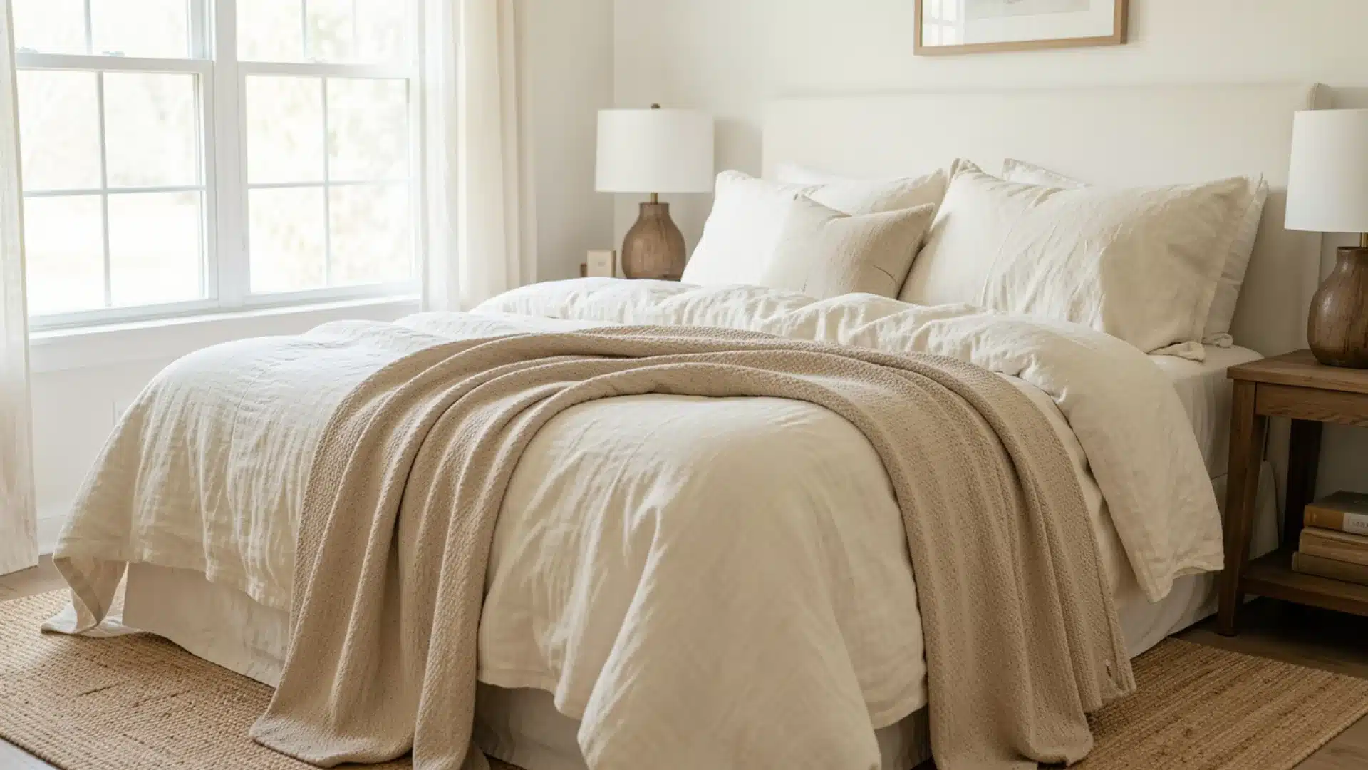 wrinkled cream linen bedding layered with a beige throw blanket in a sunlit modern farmhouse bedroom