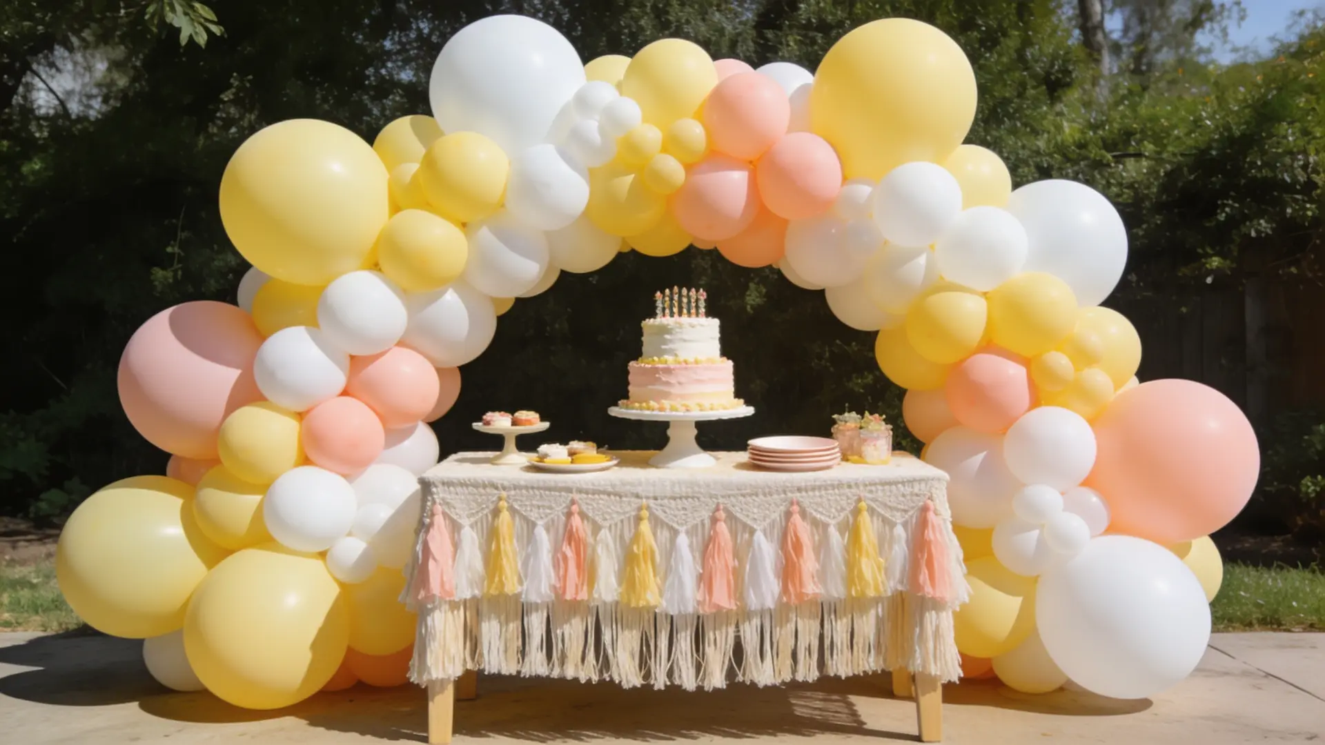 yellow and peach balloon arch behind a dessert table