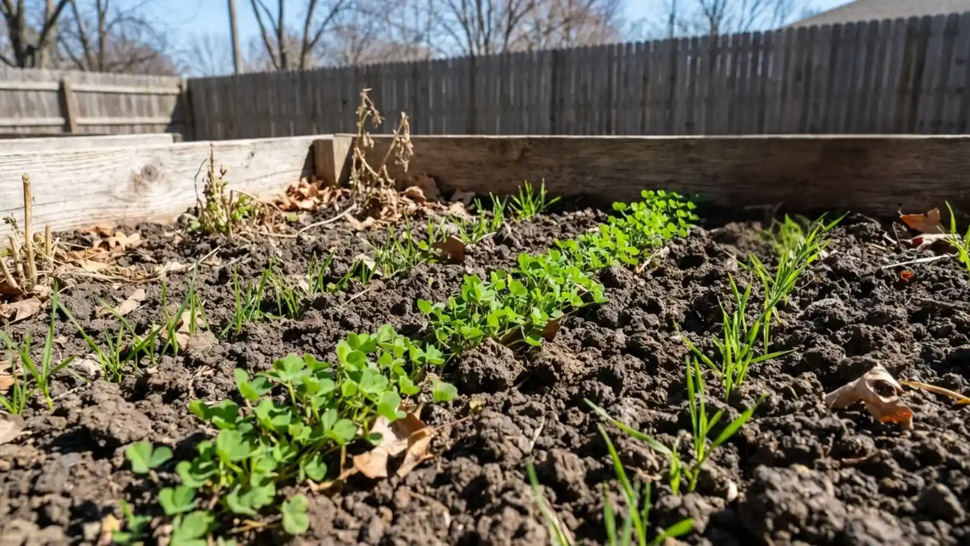 young clover and rye cover crop seedlings growing in a clay soil garden bed during the day