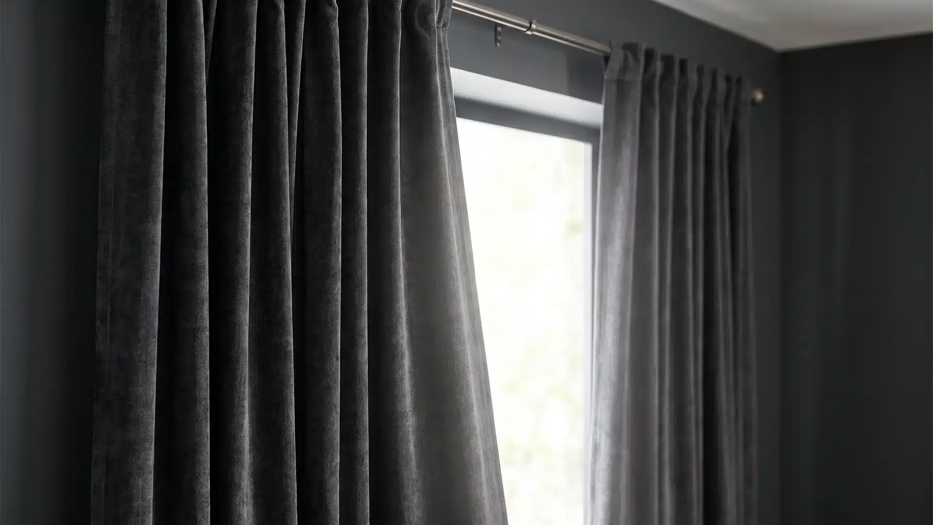 charcoal blackout curtains framing a bright window against dark bedroom walls for strong contrast