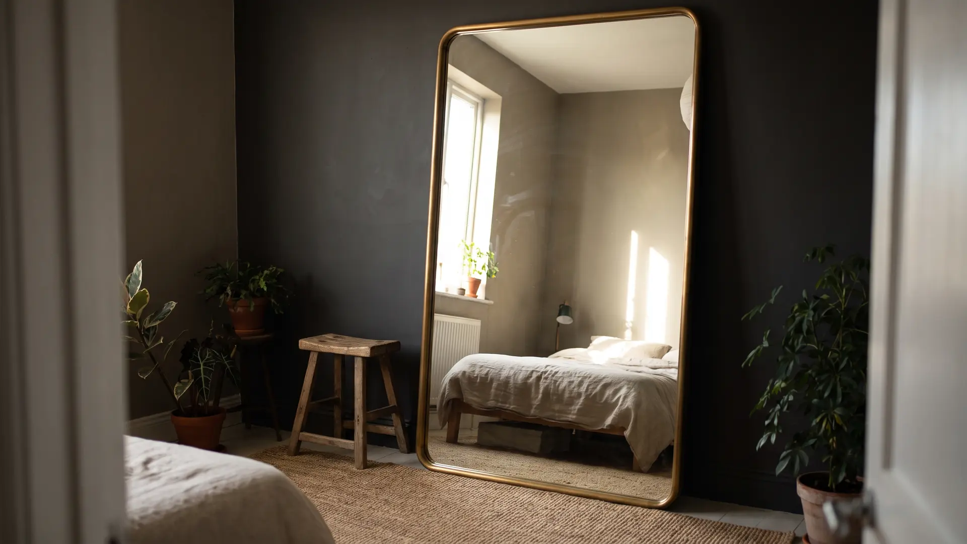 large brass-framed floor mirror reflecting a bright bed in a dark bedroom with indoor plants
