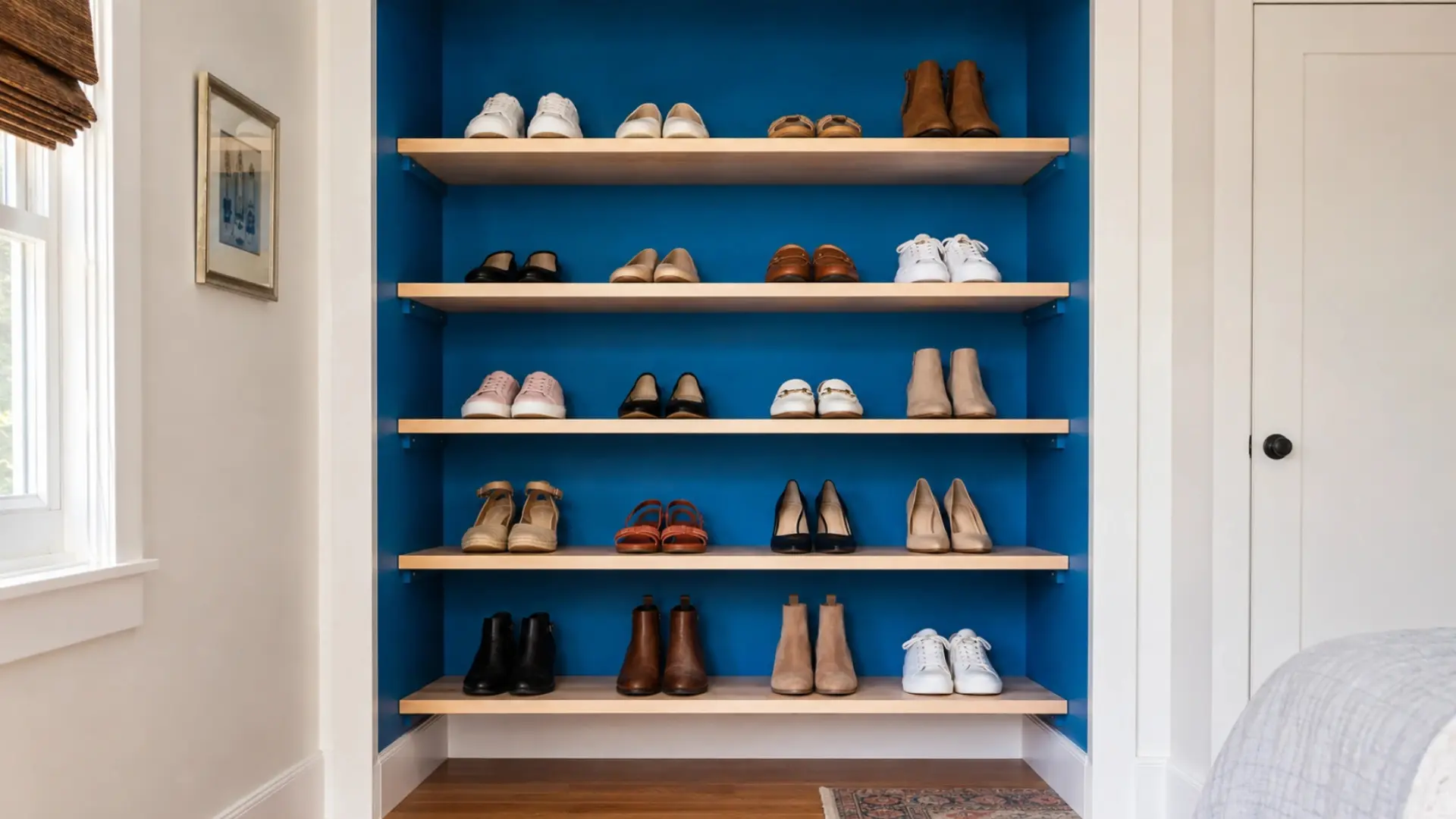 floating wood shelves mounted against a bold blue wall holding neat rows of shoes