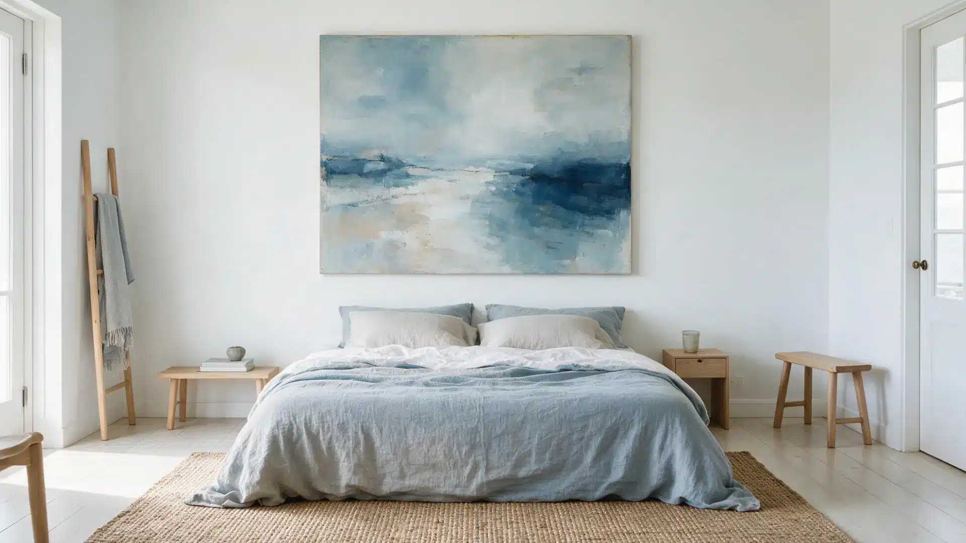 large abstract ocean inspired artwork in blue tones hung above a bed with soft blue linen bedding